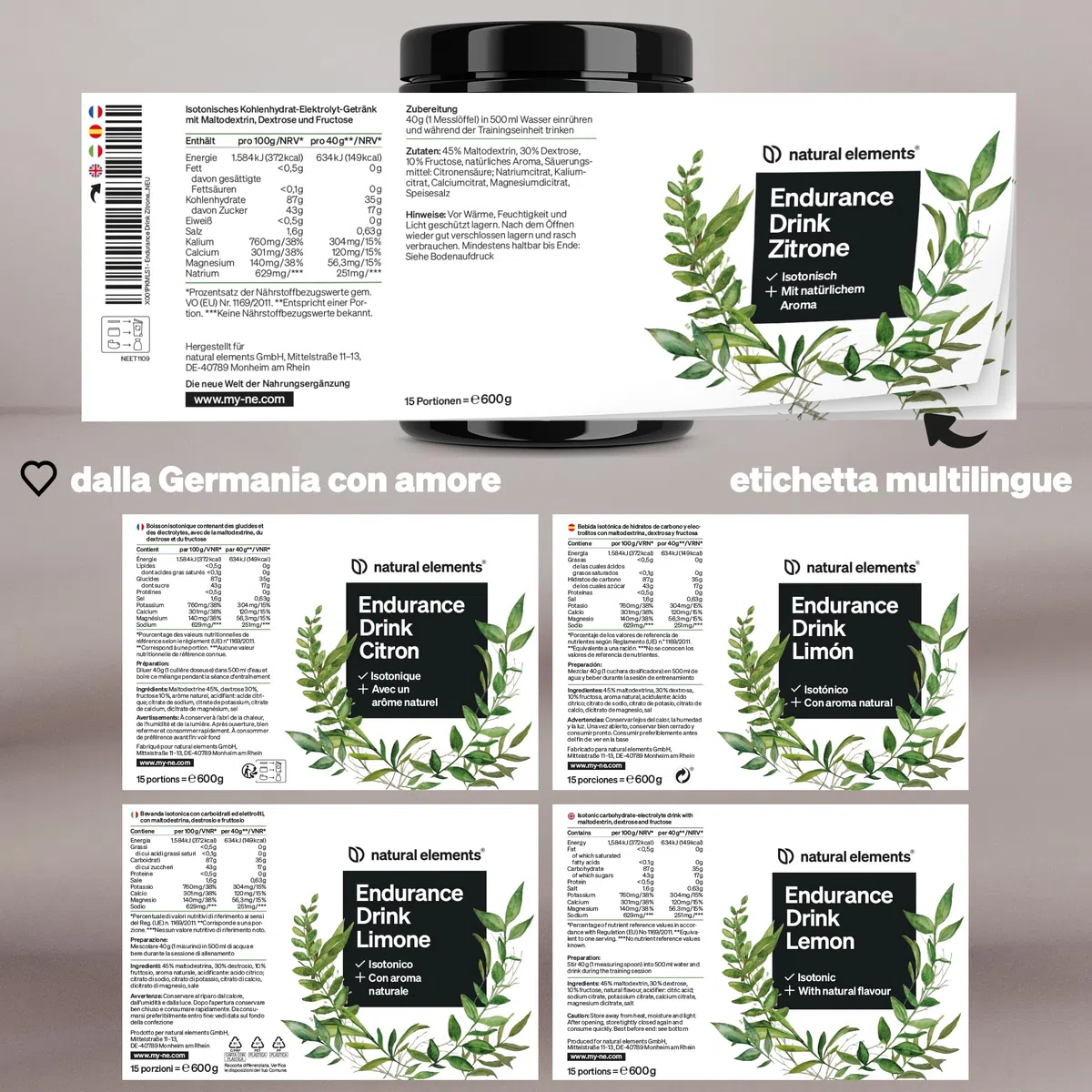 Endurance Drink Limone – 600g di polvere isotonica – con elettroliti e carboidrati – gusto limone – vegano, alta biodisponibilità – prodotto e testato in laboratorio in Germania