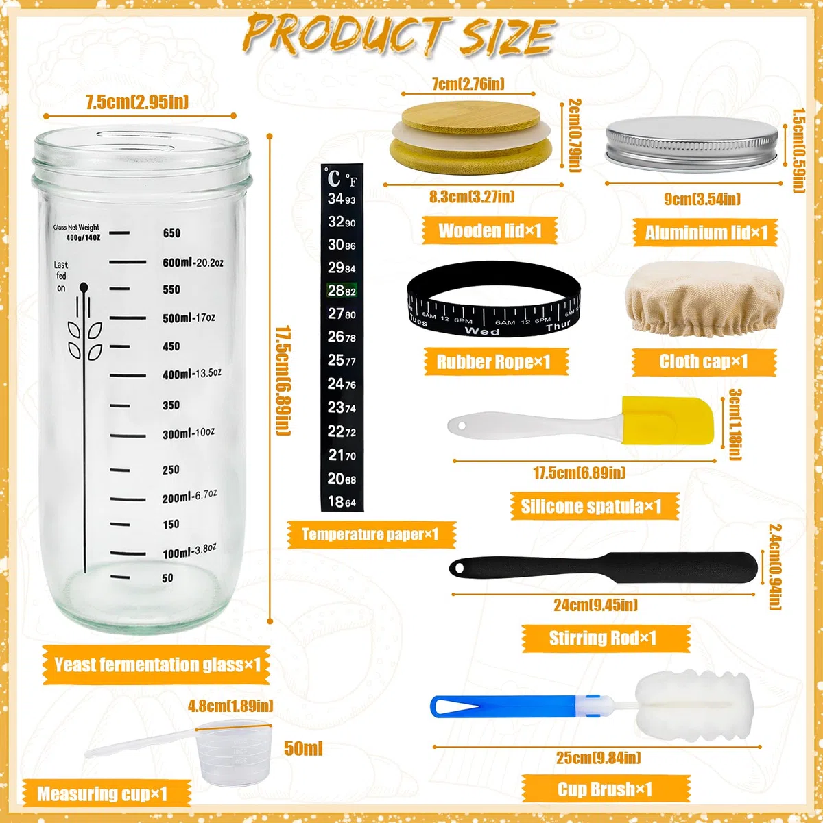 Raxfekro Set di base per lievito naturale, con tappo in alluminio, elastico, carta termometro, spatola in silicone, cappello di stoffa, etichetta per la cottura del pane lievitato naturale