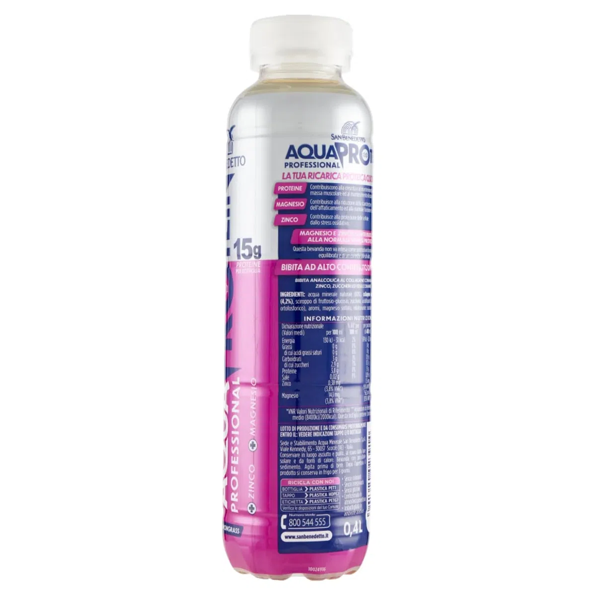 San Benedetto Acqua Protein Bevanda Proteica Mela Lemongrass 400ml - 12 Bottiglie