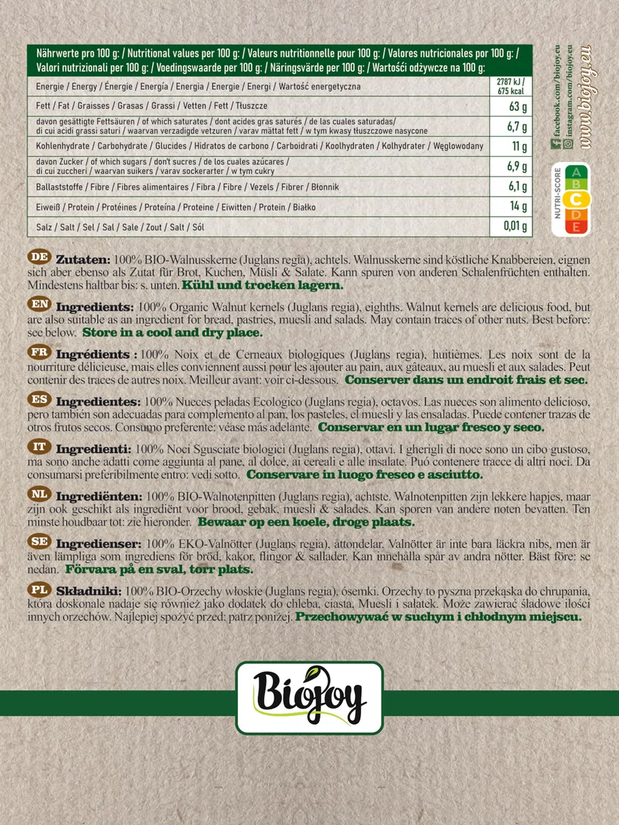 Biojoy Noci Sgusciate Biologiche (1 kg ottavi noci), crude, non salate (Juglans regia)