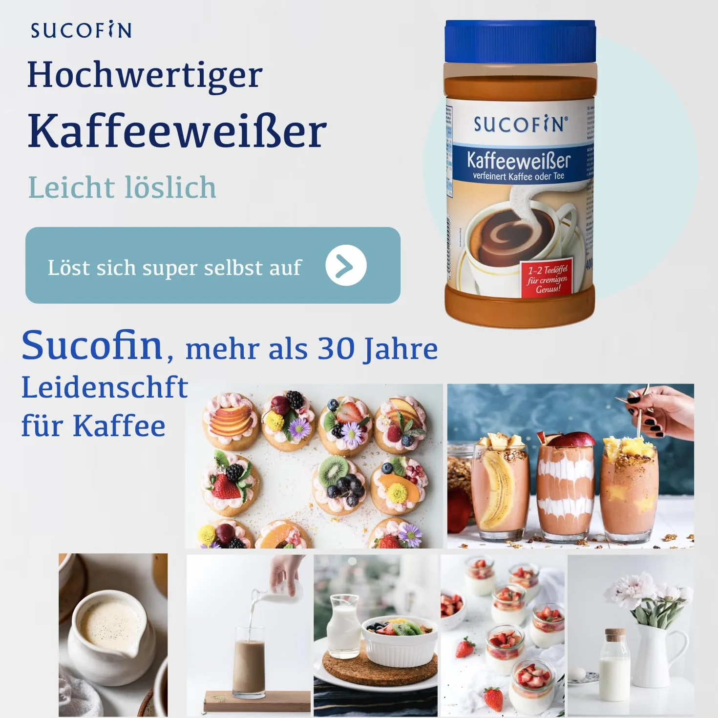 SUCOFIN Confezione da 6 barattoli da 400 g, raffinati caffè e tè facilmente solubili, lunga durata, perfetta sostituzione del latte in polvere, confezione da 6 pezzi per un piacere cremoso