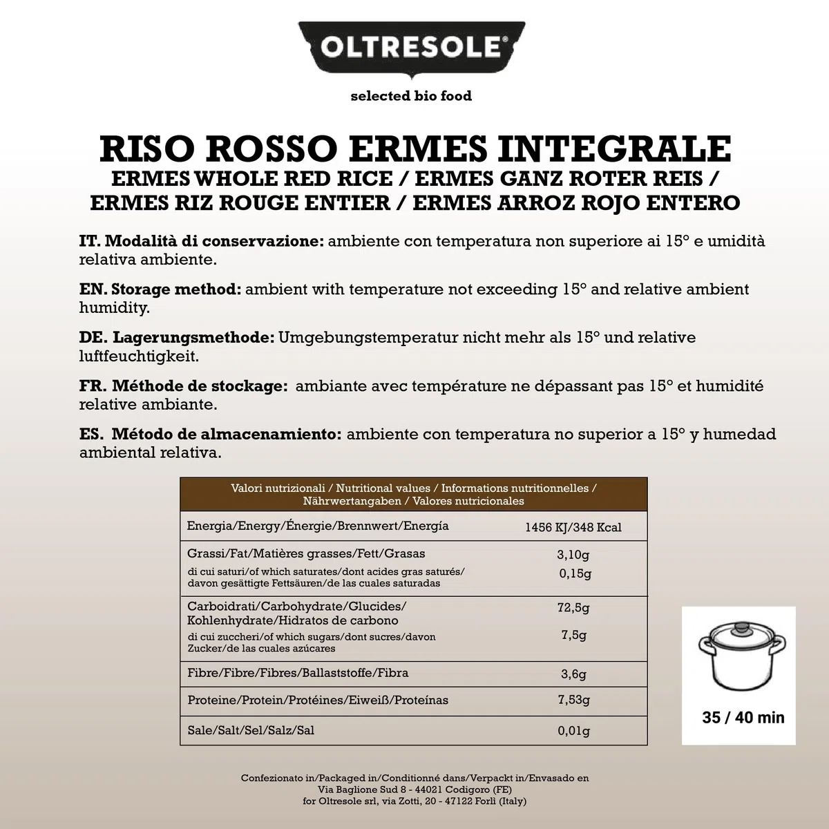 Oltresole - Riso Rosso Ermes Integrale Artigianale Italiano - riso non raffinato ad alta quantità di fibre, adatto per insalate di riso creative, confezione da 4 Pacchi da 500 g sottovuoto