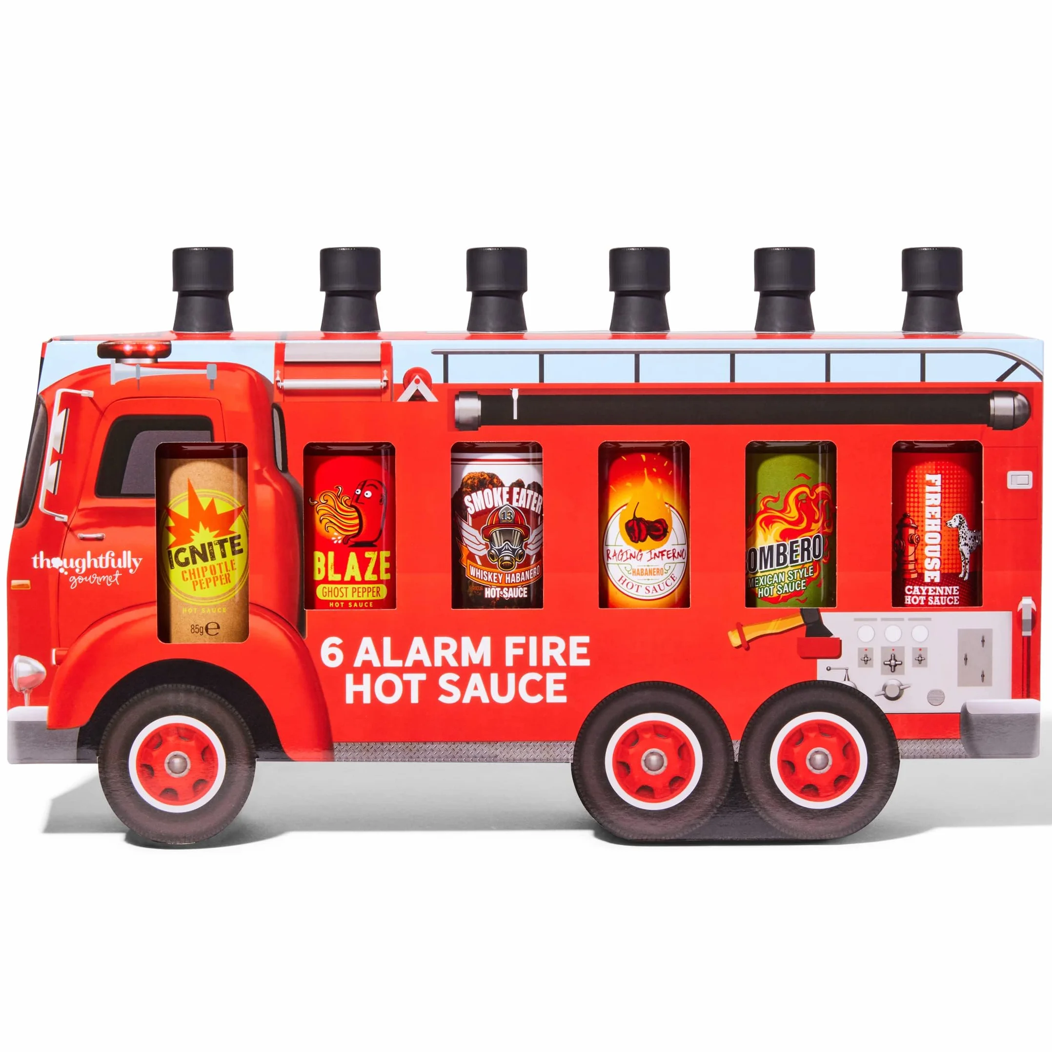 Thoughtfully Gourmet – Set 6 Salse Piccanti Camion dei Pompieri – Ghost Pepper, Chipotle, Habanero & Altro – Regalo Originale per Uomo – Compleanno & Festa del Papà – 6 x 85 g