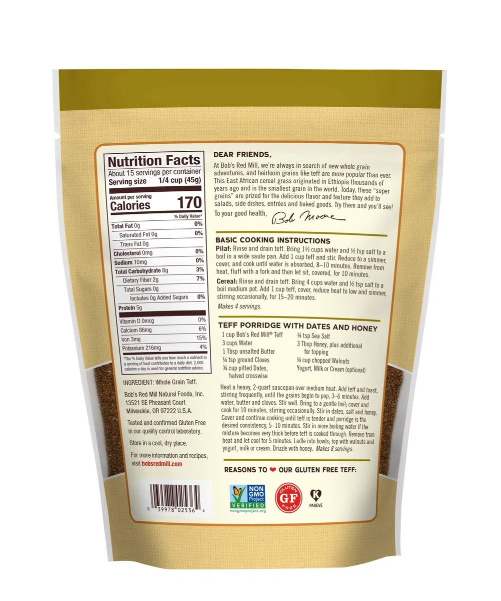 Bob's Red Mill Teff integrale, 680,4 g (confezione da 1), non OGM, cereali integrali, vegani, kosher