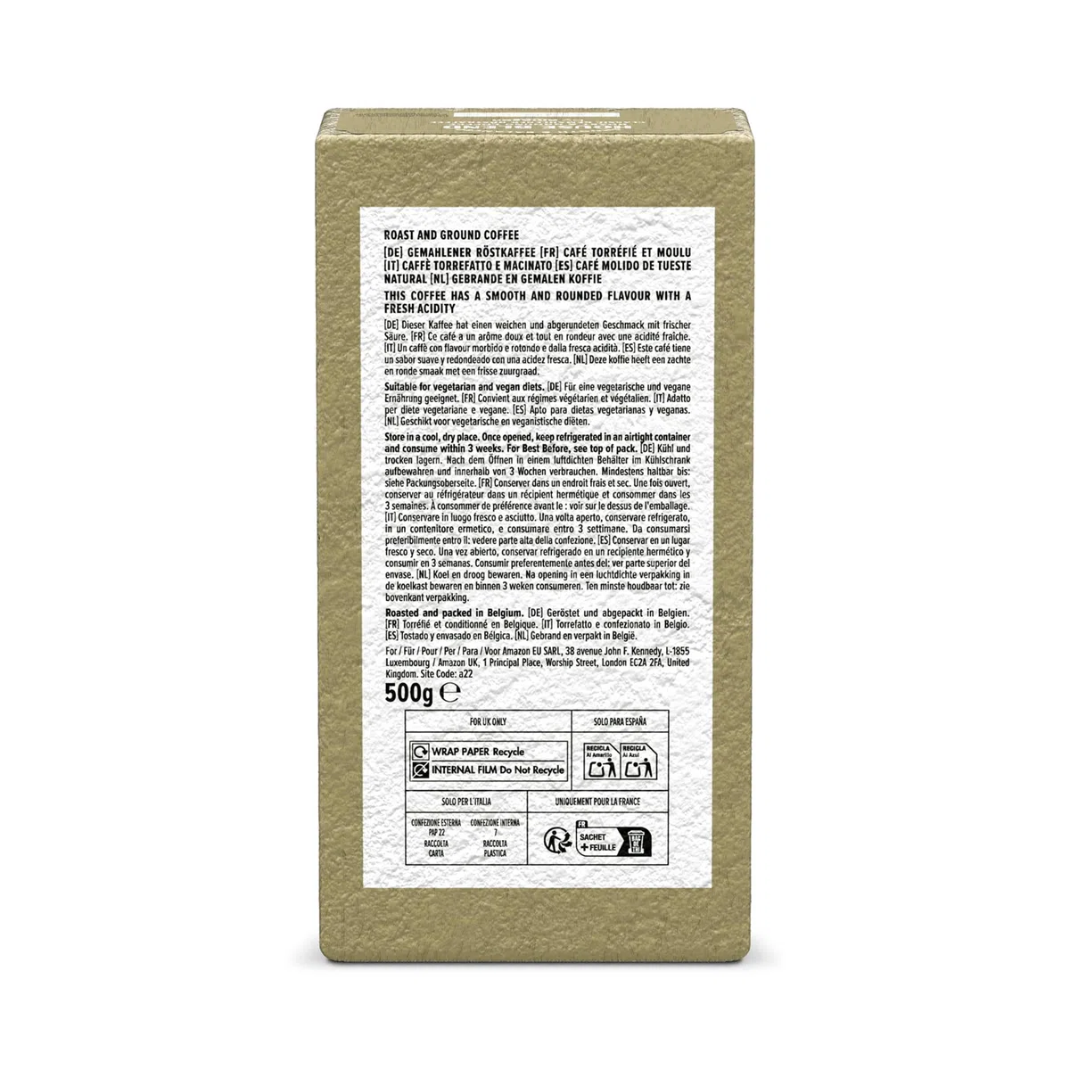 by Amazon Caffè Classico 100% Arabica Macinato e Tostato, Tostatura Media, 500g (1 Confezione da 500g) - Certificato Rainforest Alliance