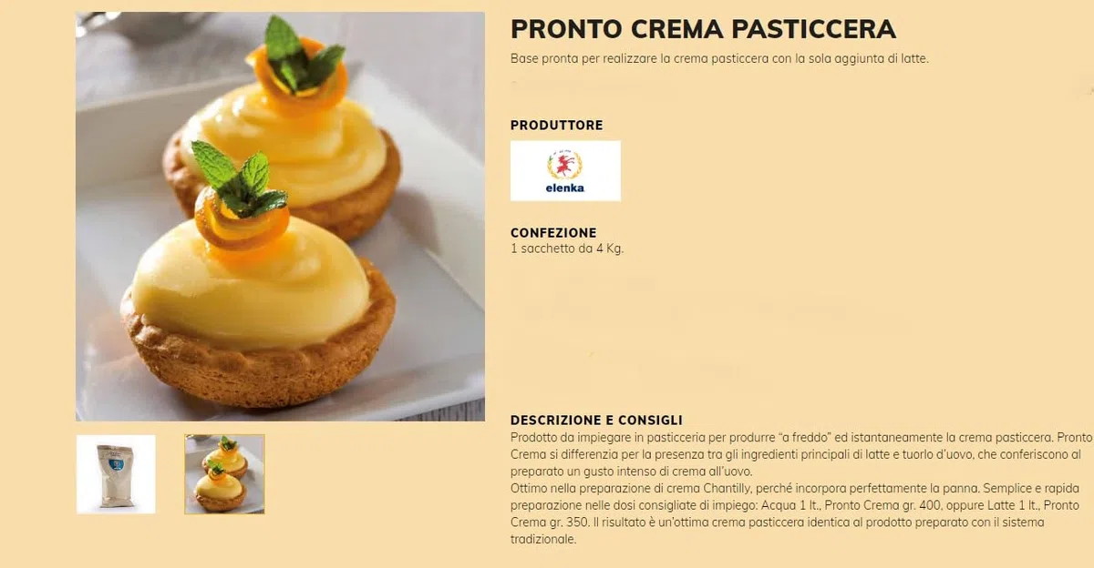 pronto crema elenka kg 4 PRONTO CREMA PASTICCERA Base pronta per realizzare la crema pasticcera con la sola aggiunta di latte. Per il bar e la pasticceria, per farcire cornetti e croissant.