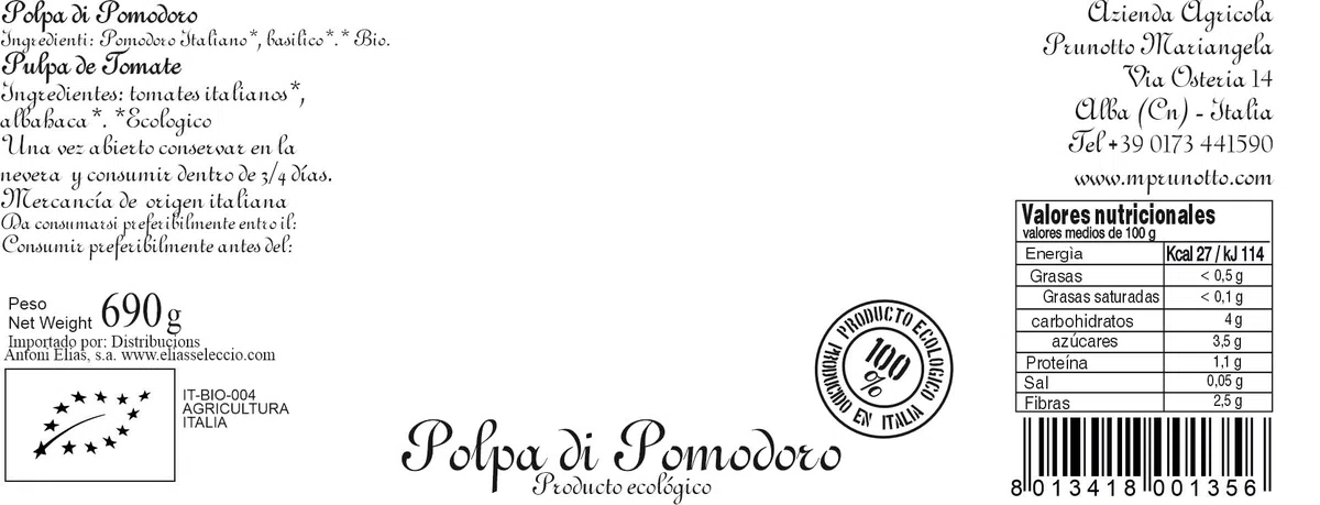 Azienda Agricola Prunotto Mariangela Polpa di Pomodoro Biologica, 6 bottiglie da 690g