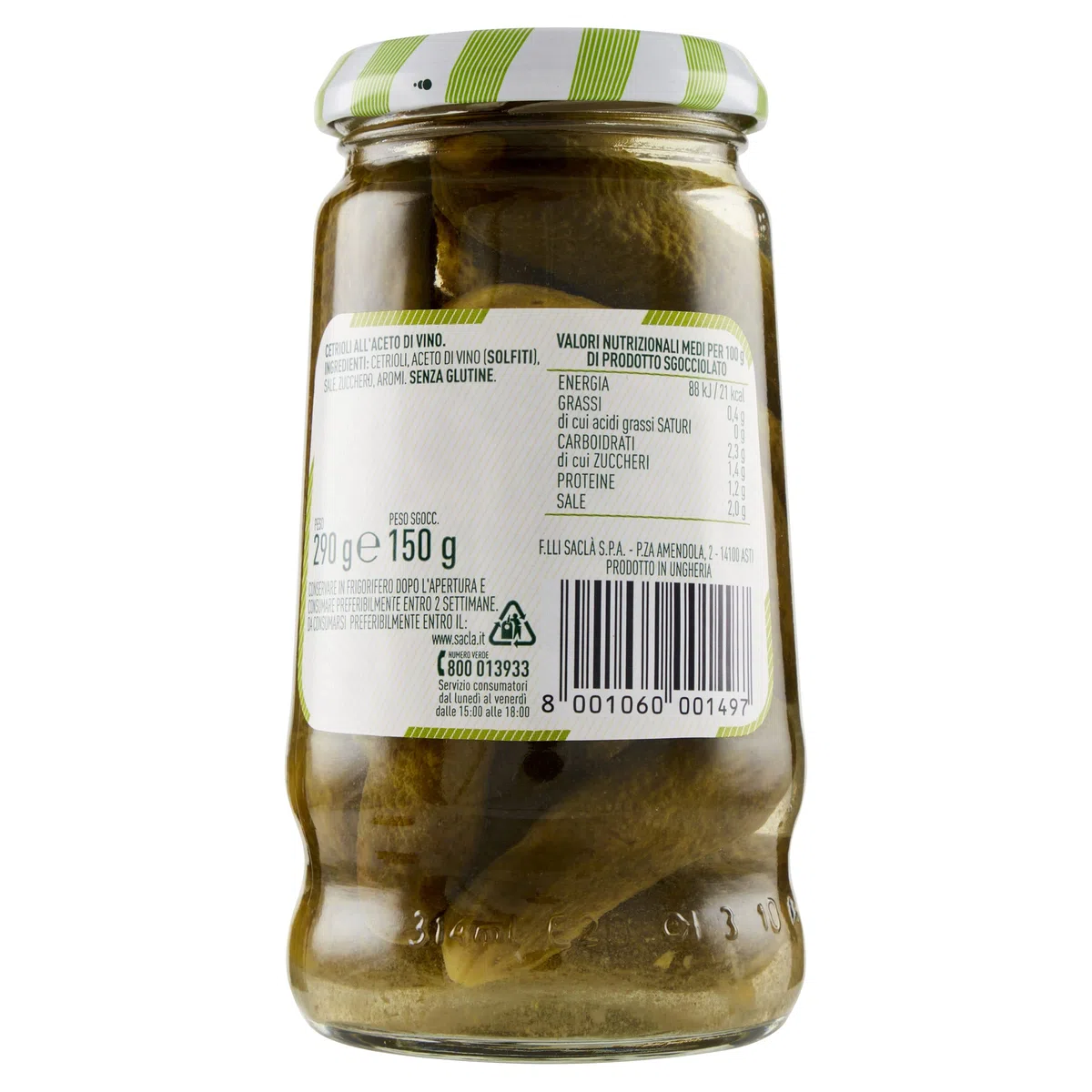 Saclà, Acetelli, Cetrioli All'Aceto di Vino, Ideali per Aperitivo, Antipasti e Insalate, Vaso Vetro, 290g (150g sgocciolato), Confezione da 12 pezzi