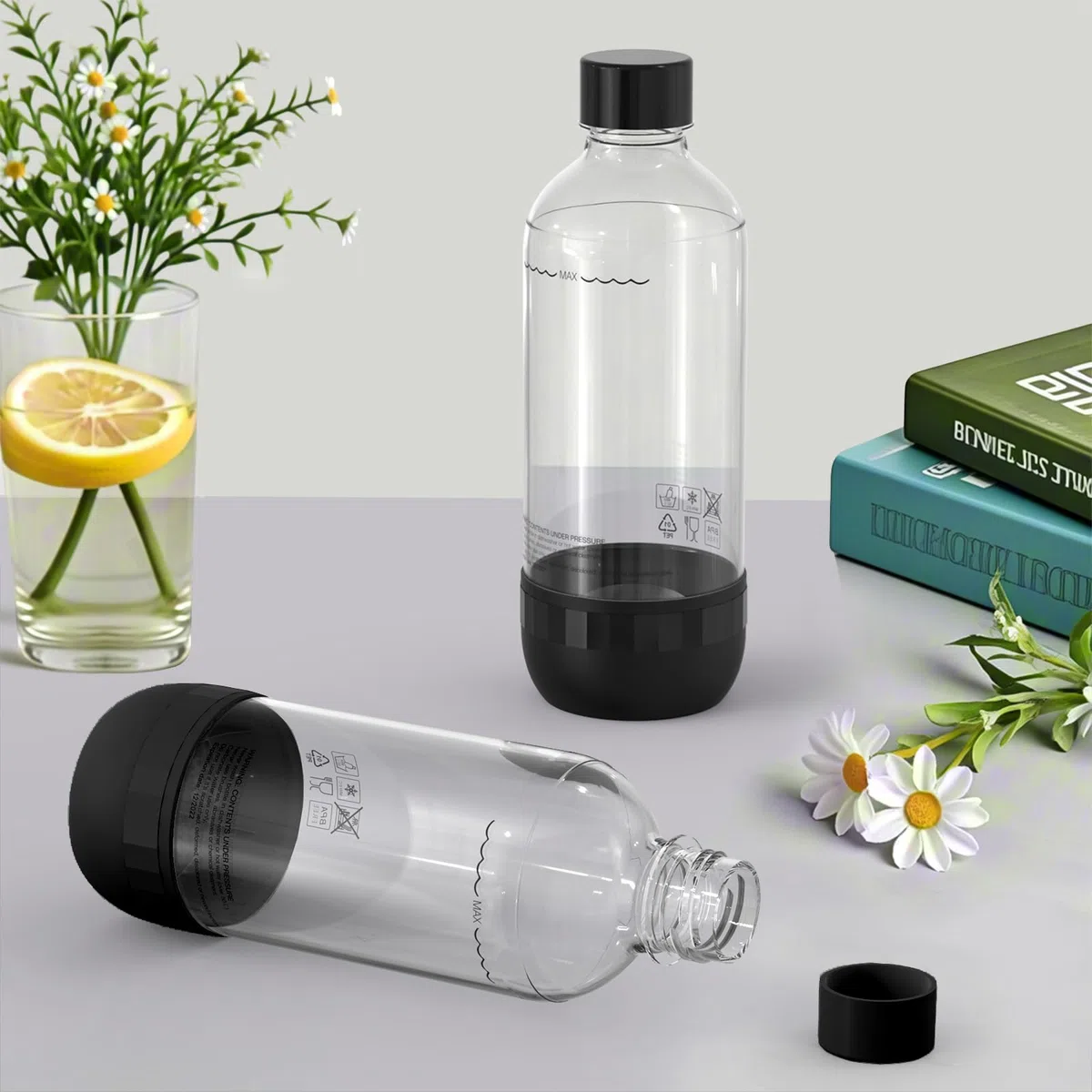 Bottiglie per Soda 1L, Confezione da 2, Senza BPA, PET, Riutilizzabili, 2x Nere, Compatibili con Macchine per Soda e Acqua Frizzante
