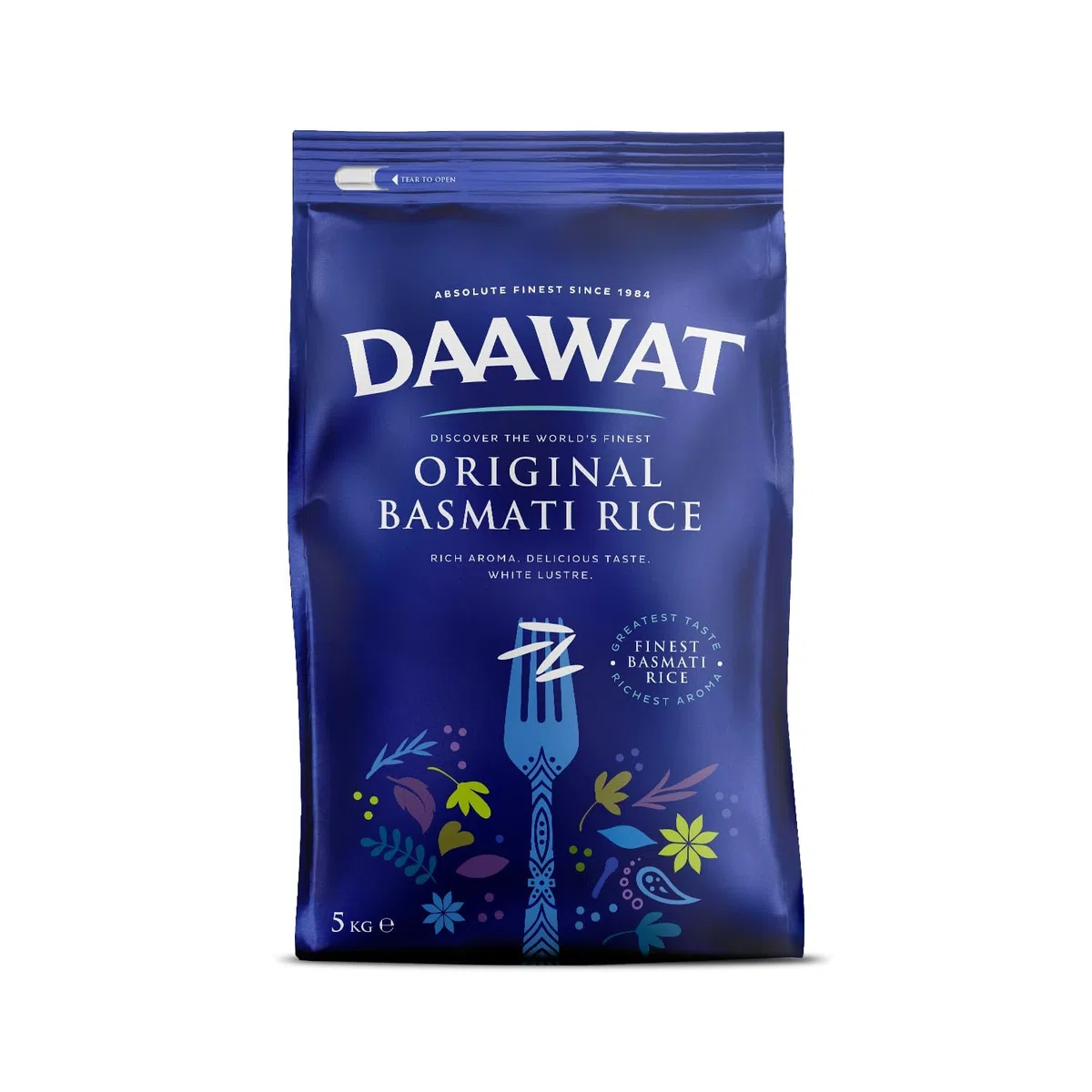 Daawat Original Basmati Rice with Rice Aroma, Delicious Taste, White Lustre, Perfectly Aged, Aromatic & Textural Grain, Rich Flavour with Sweet Taste, Ideal for All Types of Dishes - 5 kg