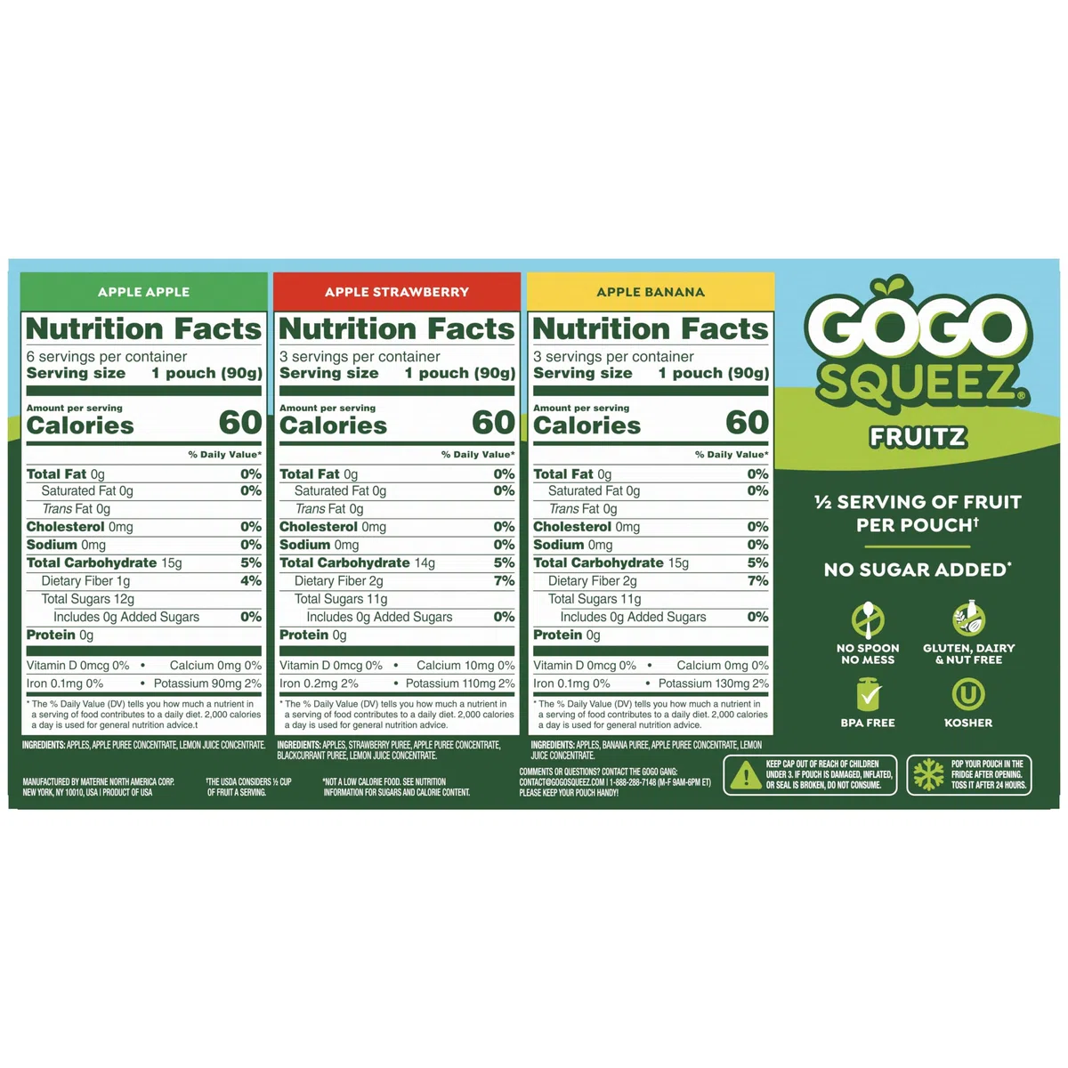 GoGo squeeZ Fruit on the Go Variety Pack, Apple, Banana & Strawberry, 3.2 oz (Pack of 12), Unsweetened Fruit Snacks for Kids, Gluten Free, Nut Free and Dairy Free, Recloseable Cap, BPA Free Pouches