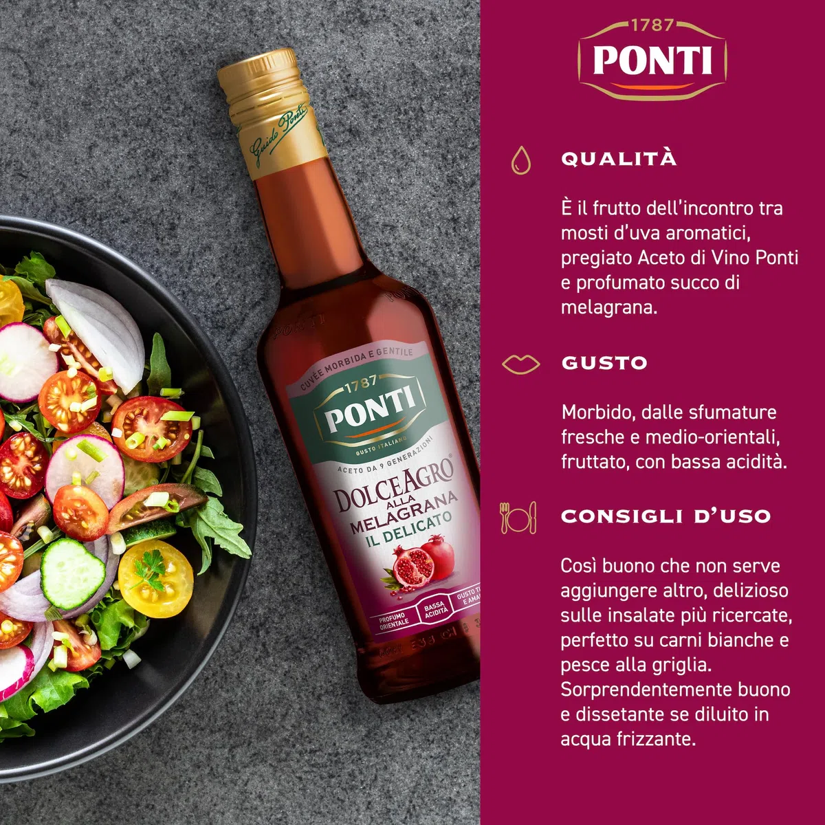 Ponti, DolceAgro alla Melagrana, Gusto Tipico e Amabile, dal Profumo Orientale e dalla Bassa Acidità, Ideale per Insalate e anche per le Carni Bianche, 100% Made in Italy, 6 Bottiglie da 500 ml