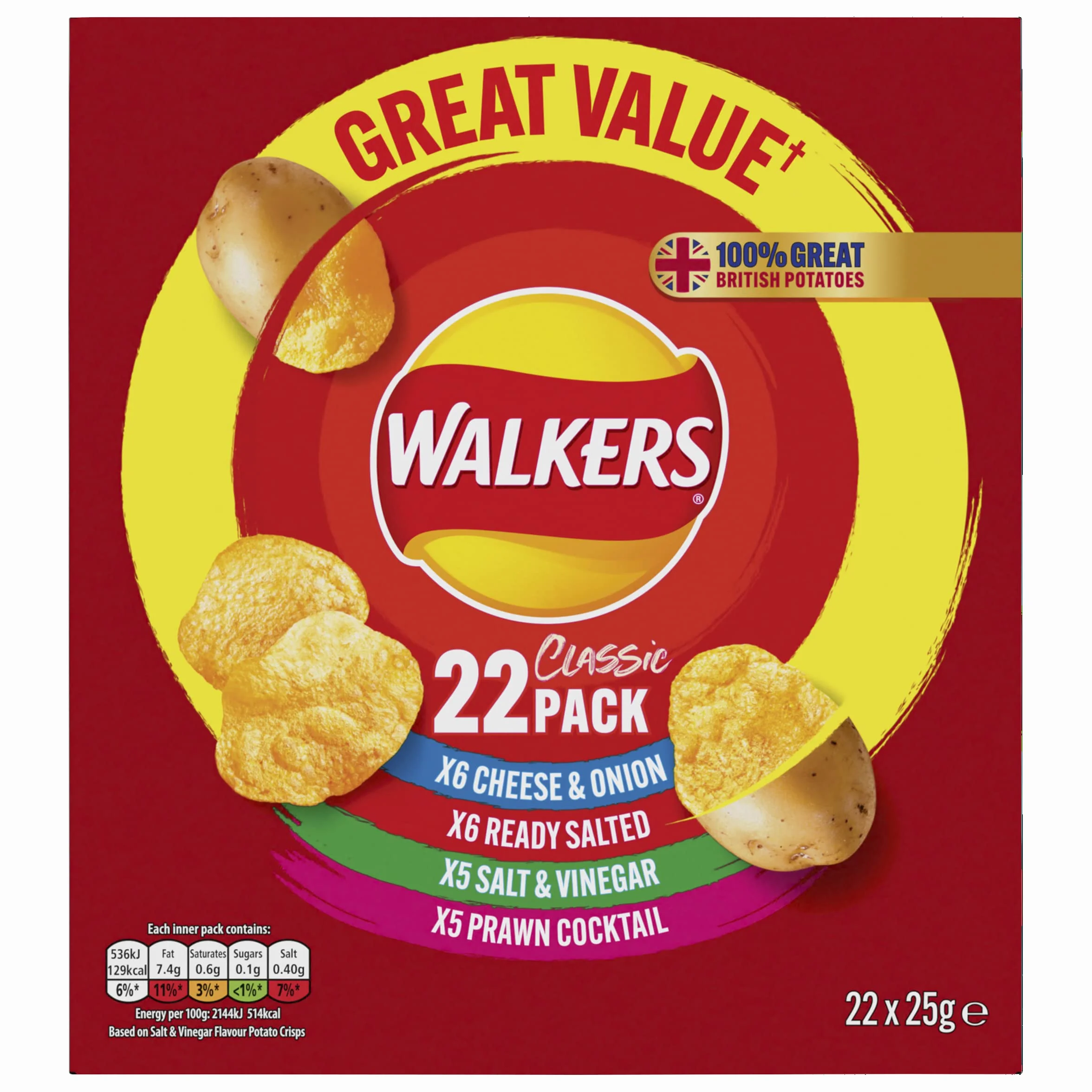 Walkers Confezione multipla di patatine fritte di varietà classica, 22x25g