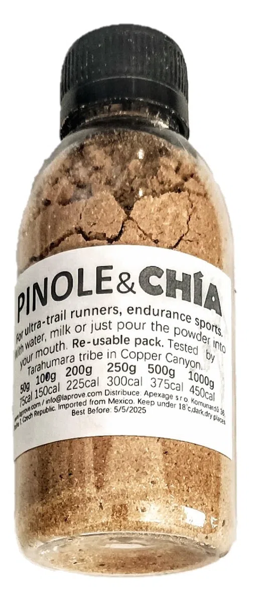 Pinole con chia per corridori/corridori ultrail in una bottiglia di plastica leggera per il riutilizzo in viaggio 100g