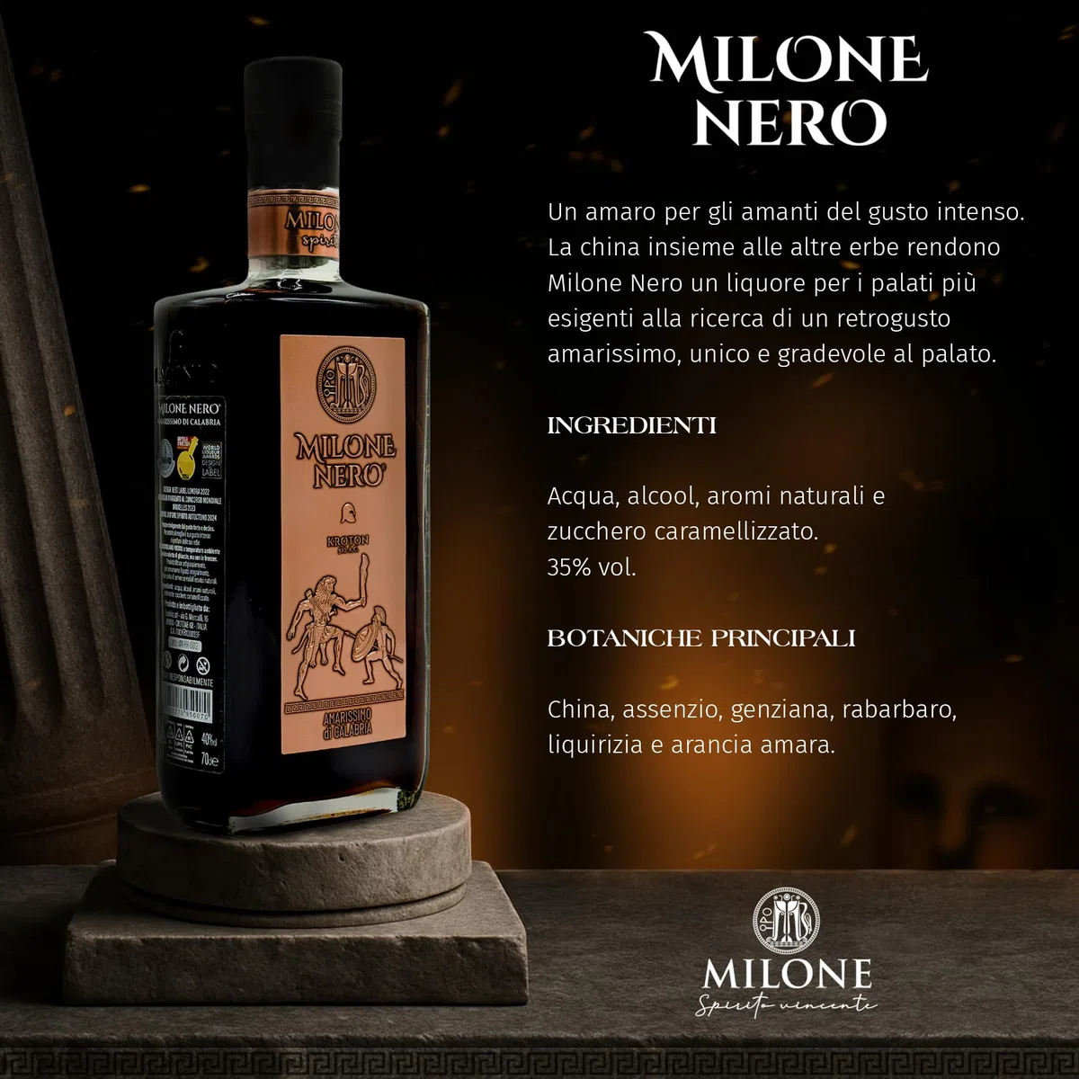 Amaro Milone Nero, 70 cl – Amarissimo di Calabria (35% Vol.) – Liquore Artigianale per Palati Esigenti – Premiato per Design e Gusto Intenso