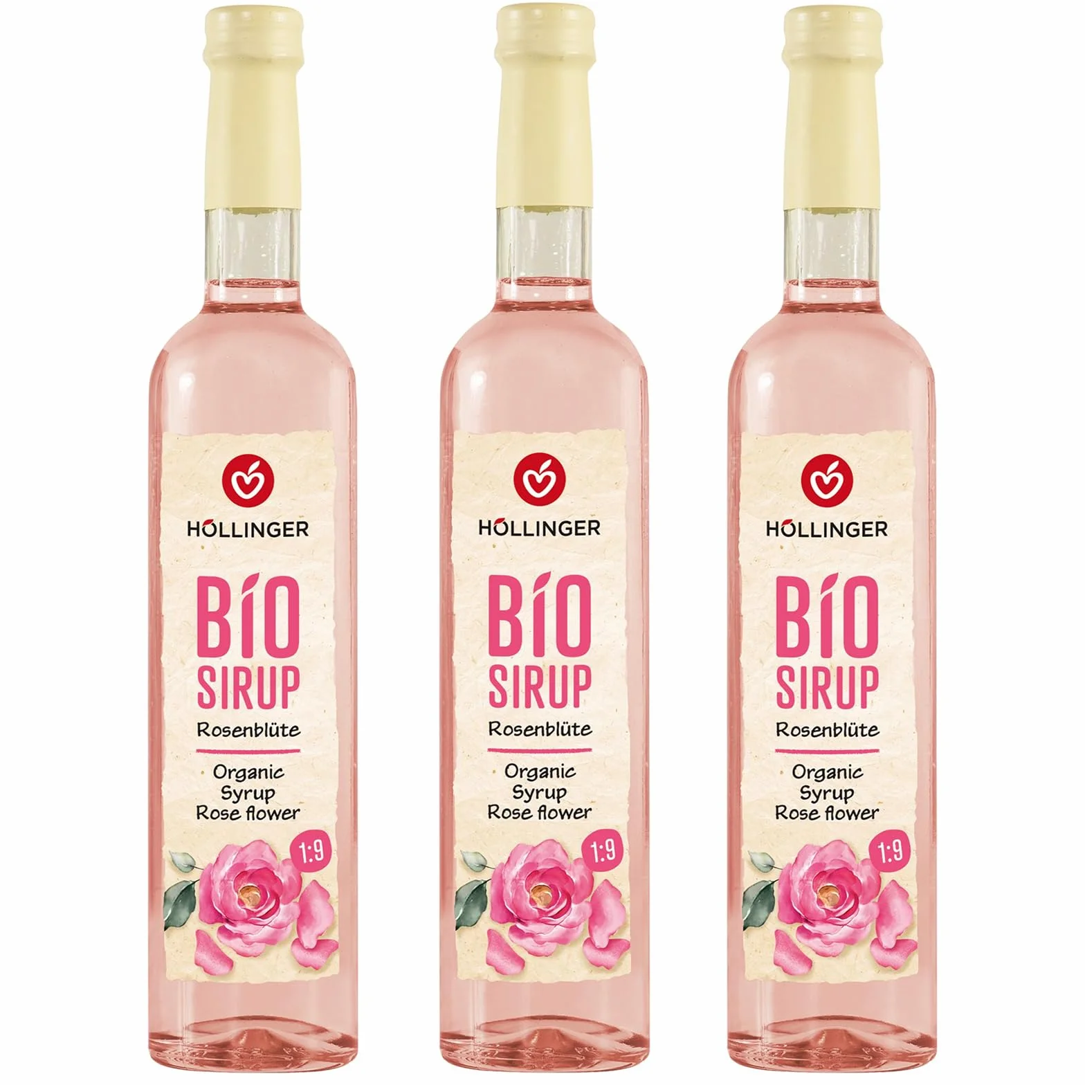 Sciroppo di petali di rosa bio Höllinger - Organic Rose Blossom Syrup, Vegan, 3x500ml Glass Bottle, Floral Flavor