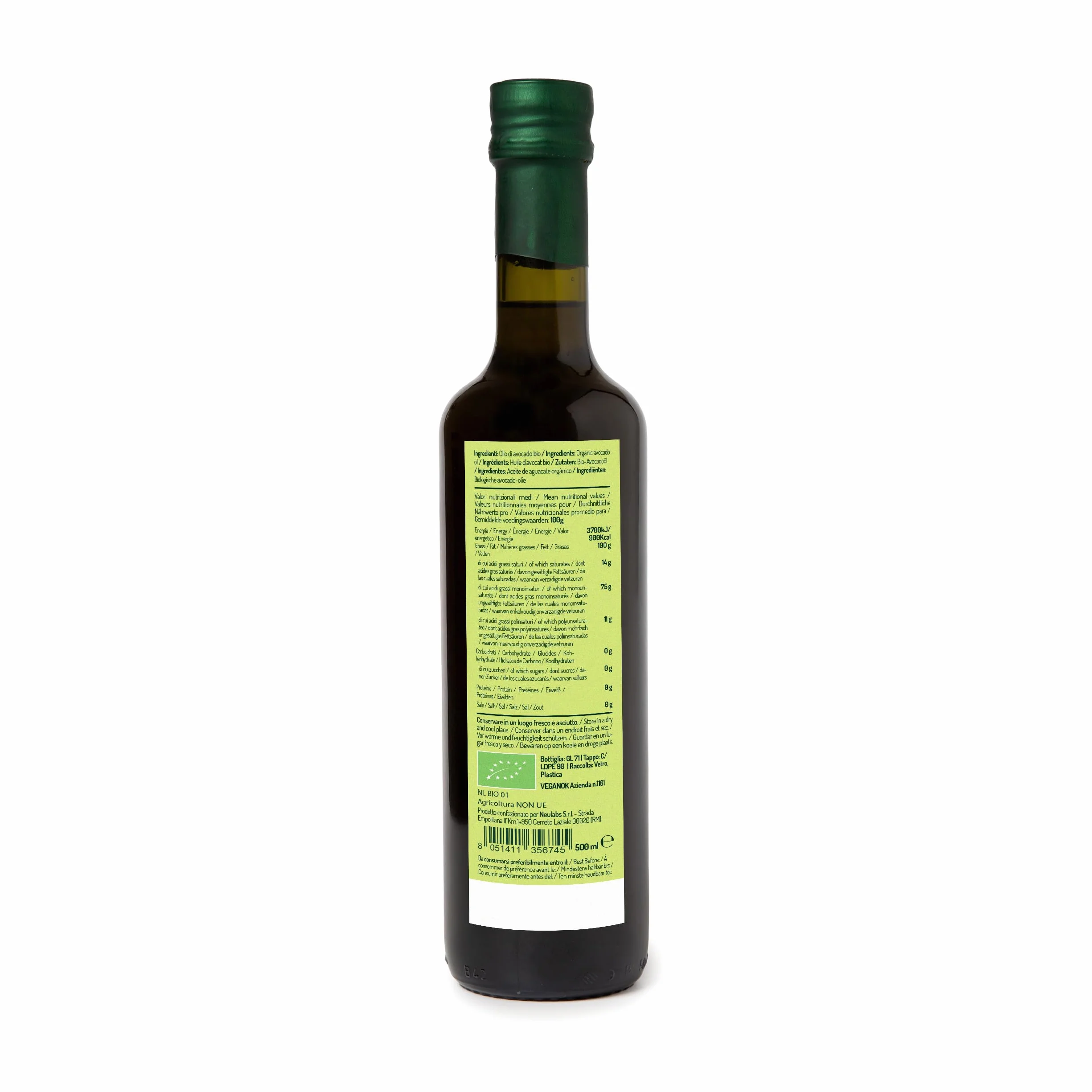 Olio di Avocado Alimentare e Biologico - 500ml. Olio Avocado Bio Spremuto a Freddo Puro al 100% e non Raffinato. Ideale per Cucinare Condire e Marinare. Avocado Oil.
