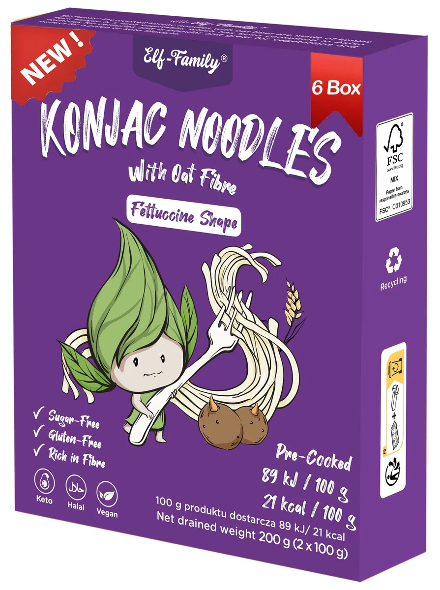 Elf-family [Nuovo]Pasta di Konjac Pochi Carboidrati- Prodotto in Tailandia- Vegano Senza Glutine- 240g x6 Scatole(per 12 Porzioni), Konjak Shirataki Noodles Ipocalorica/Senza Zucchero - Fettuccine