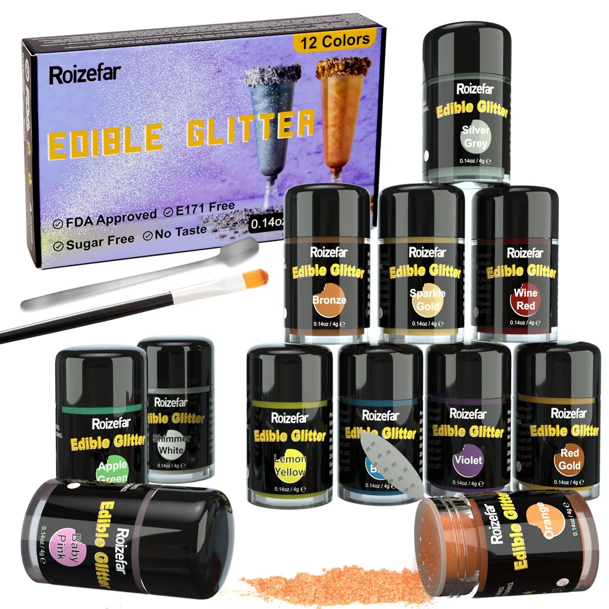 Roizefar Glitter Commestibili 12 colori x 4g Glitter in Polvere per Alimenti, Bevande in Polvere, Polveres Glitter per Alimenti, Torte, Bevande, Liquidi, Cioccolato, Panna