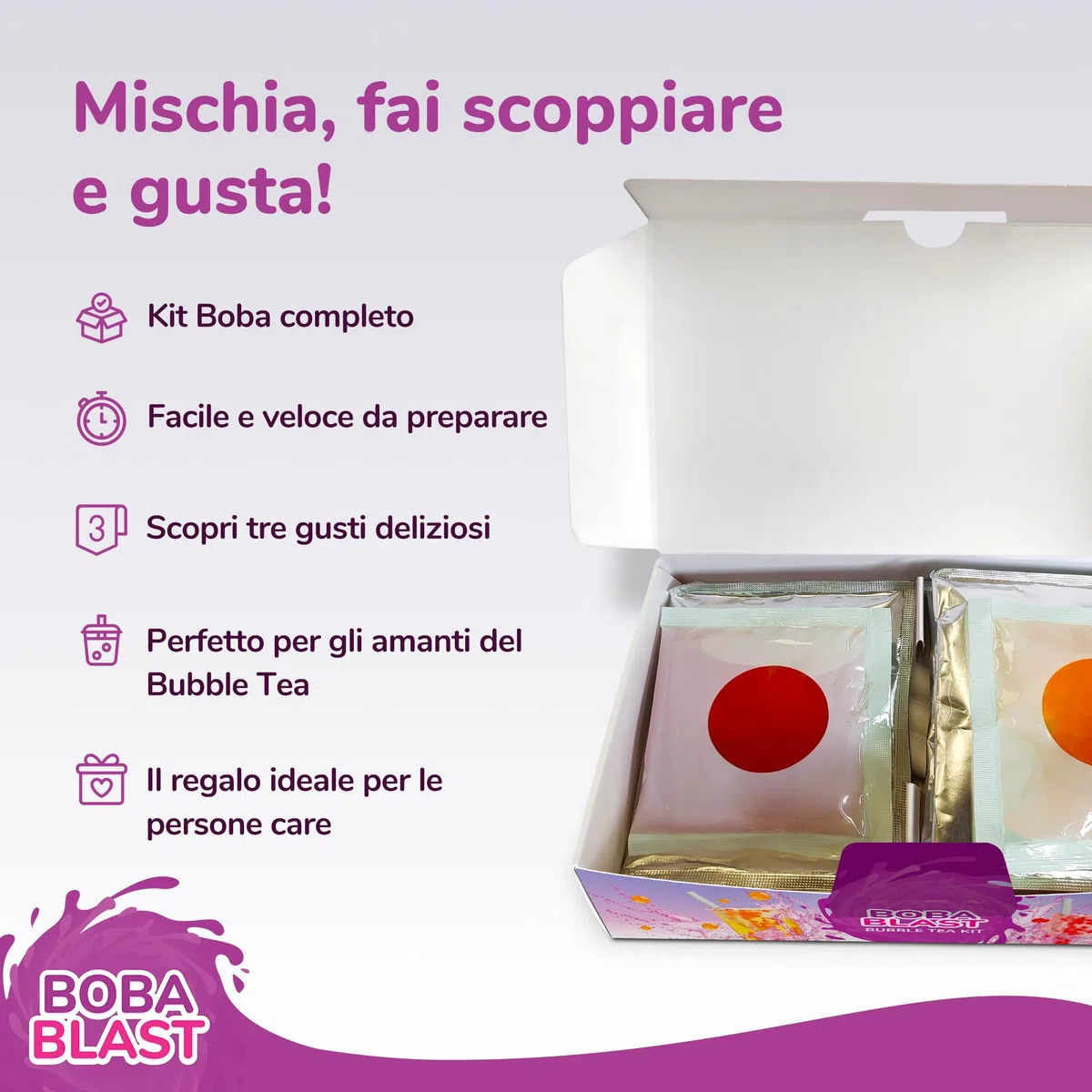 BobaBlast Bubble Tea Kit Completo (240 g) - Perle Bubble Tea ai 3 Gusti Fruttati Fragola, Ananas e Miele - Popping Perle Divertente, Veloce da Preparare e Delizioso - Per Amici e Famiglia
