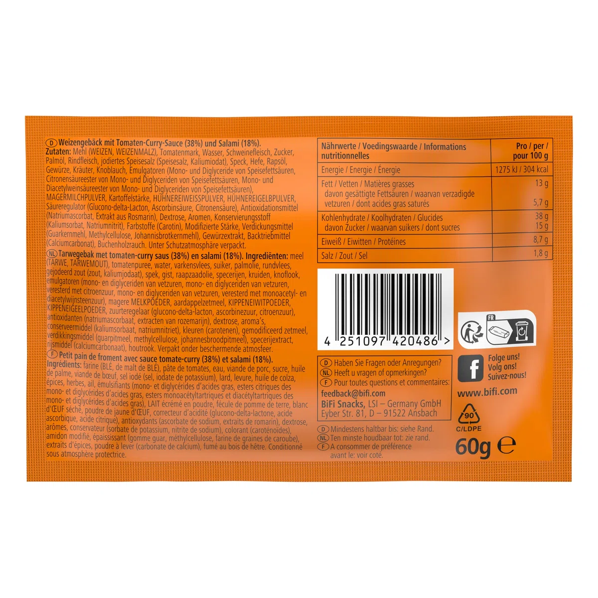 BiFi Currywurst, Snack Al Salame di Prosciutto Con Salsa Al Curry, Avvolto in Morbido Panino, Formato Tascabile, da Gustare in Viaggio, in Ufficio o Quando fai Sport, Confezione da 20 (20 X 60 g)