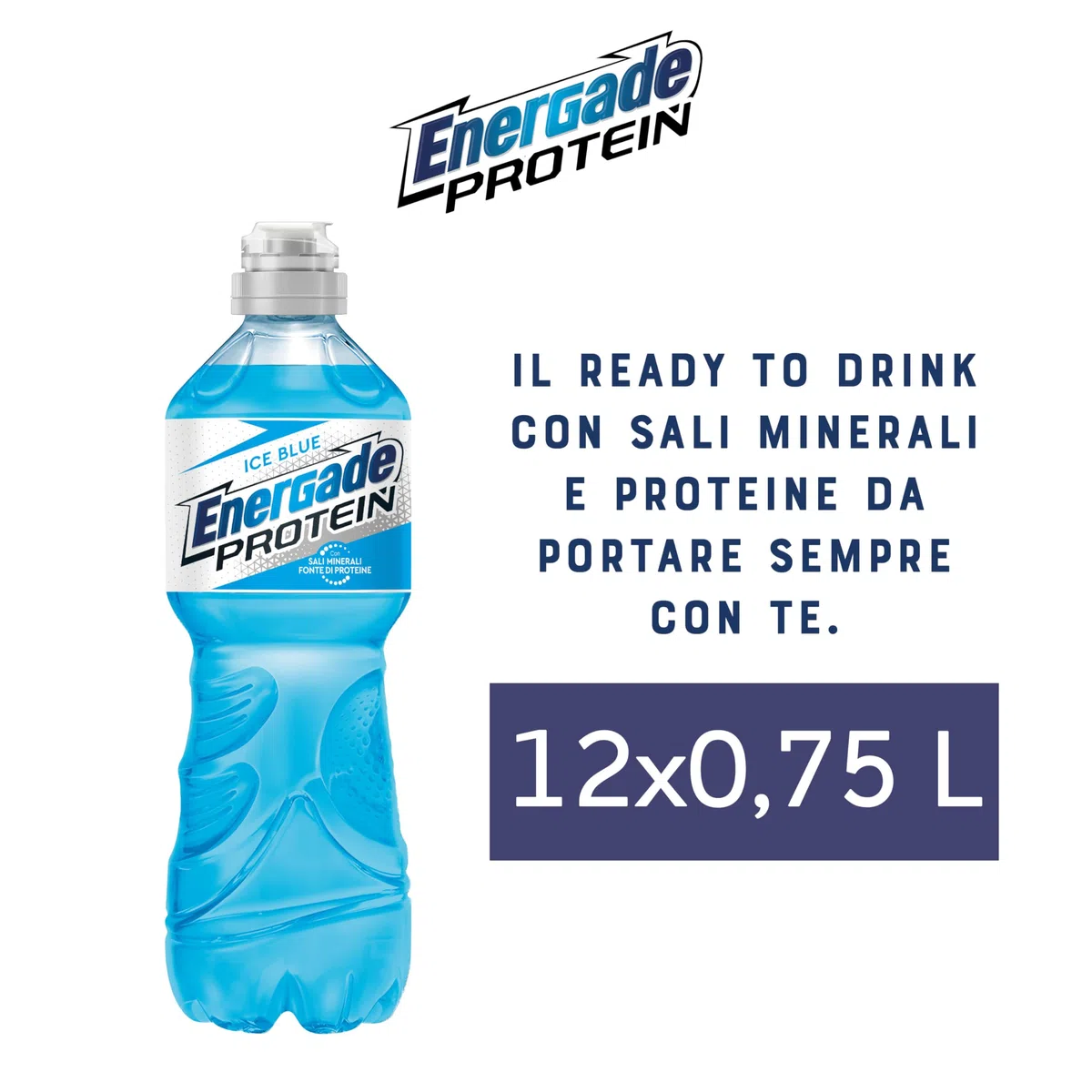Energade Protein, Bevanda Reintegrante 12x0,75L, Gusto Ice Blue, Con Sali Minerali e Proteine, Perfetta Per L'Attività Fisica, Tappo Push&Pull, Formato Sportivo per Idratazione in Movimento