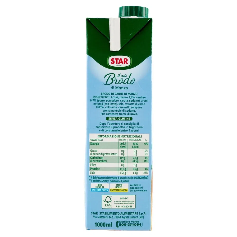 STAR Il Mio Brodo di Manzo – 30% sale, 6 x 1 l, brodo liquido pronto, 100% naturale, senza conservanti, senza glutine + portachiavi Beni Culinari