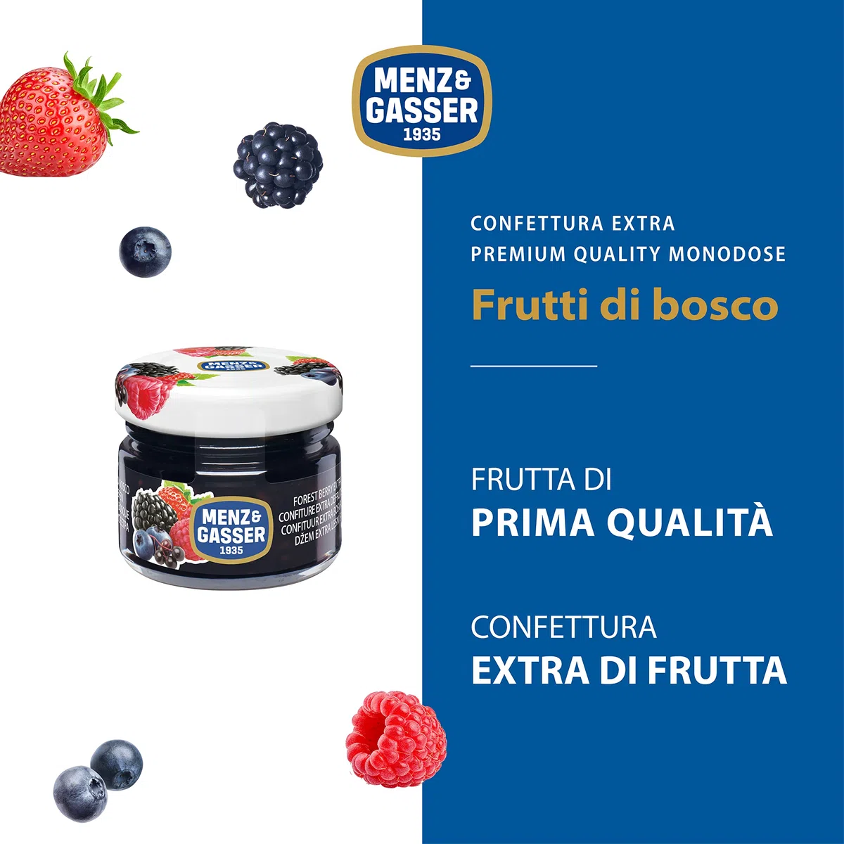 Menz&Gasser Confettura Extra di Frutti di Bosco Monodose Premium Quality, con Frutta di Alta Qualità, 100% Made in Italy, 48 Vasetti x 28 g