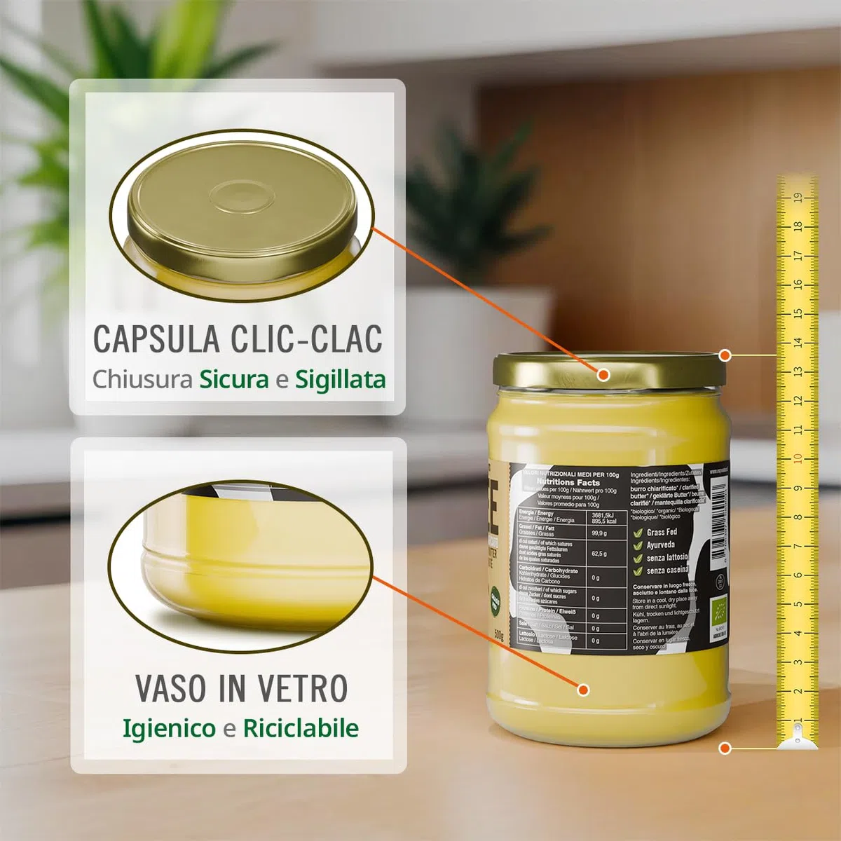 Exponatura Ghee biologico - burro chiarificato secondo l’antica ricetta Ayurvedica - solo da latte di mucche al pascolo - senza lattosio estremamente digeribile - Ghi (500 g)