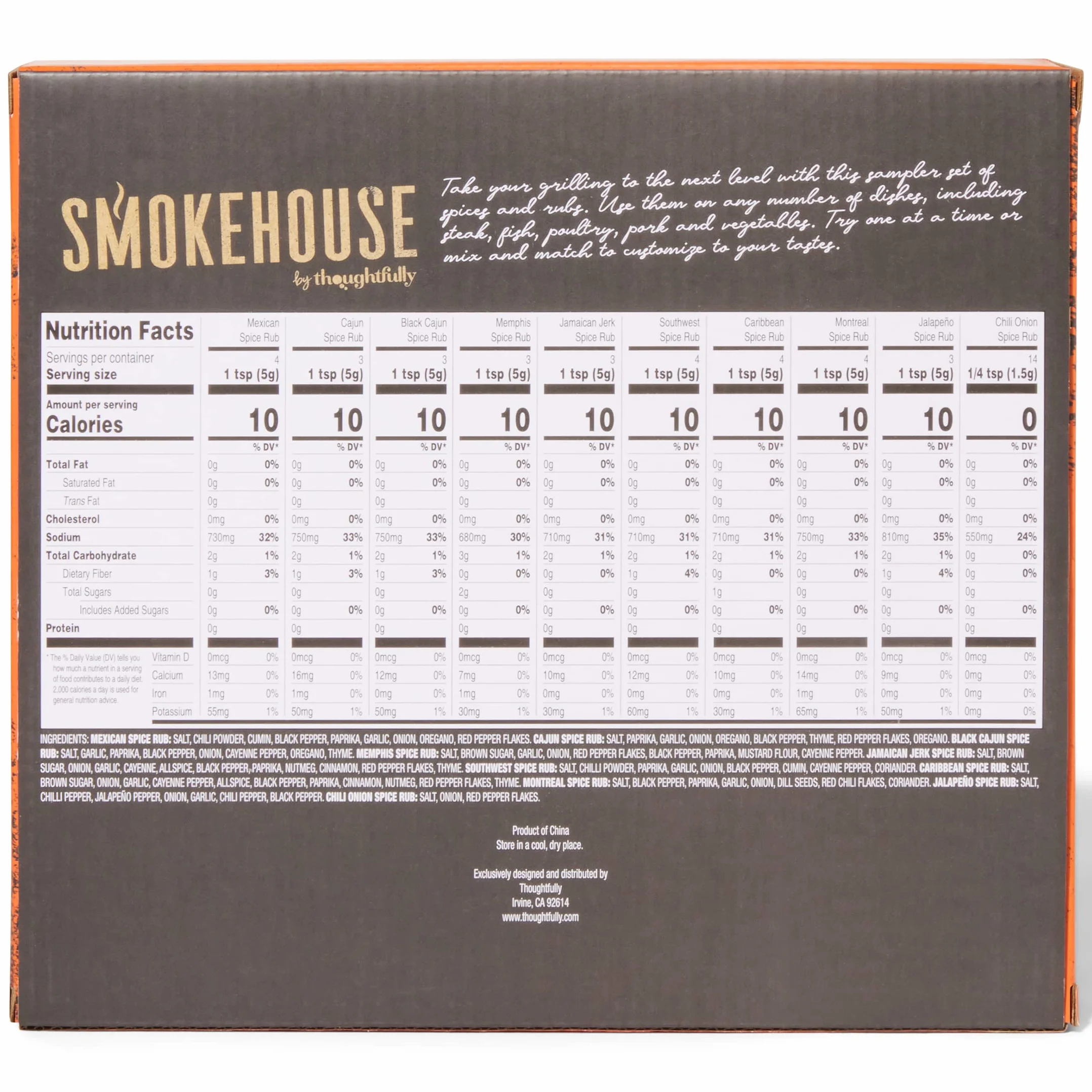 Smokehouse di Thoughtfully, set di spezie per grigliate gourmet in mini bottiglie di vetro, i gusti includono caraibico, jerk giamaicano, jalapeno, montreal e altro ancora, confezione da 10