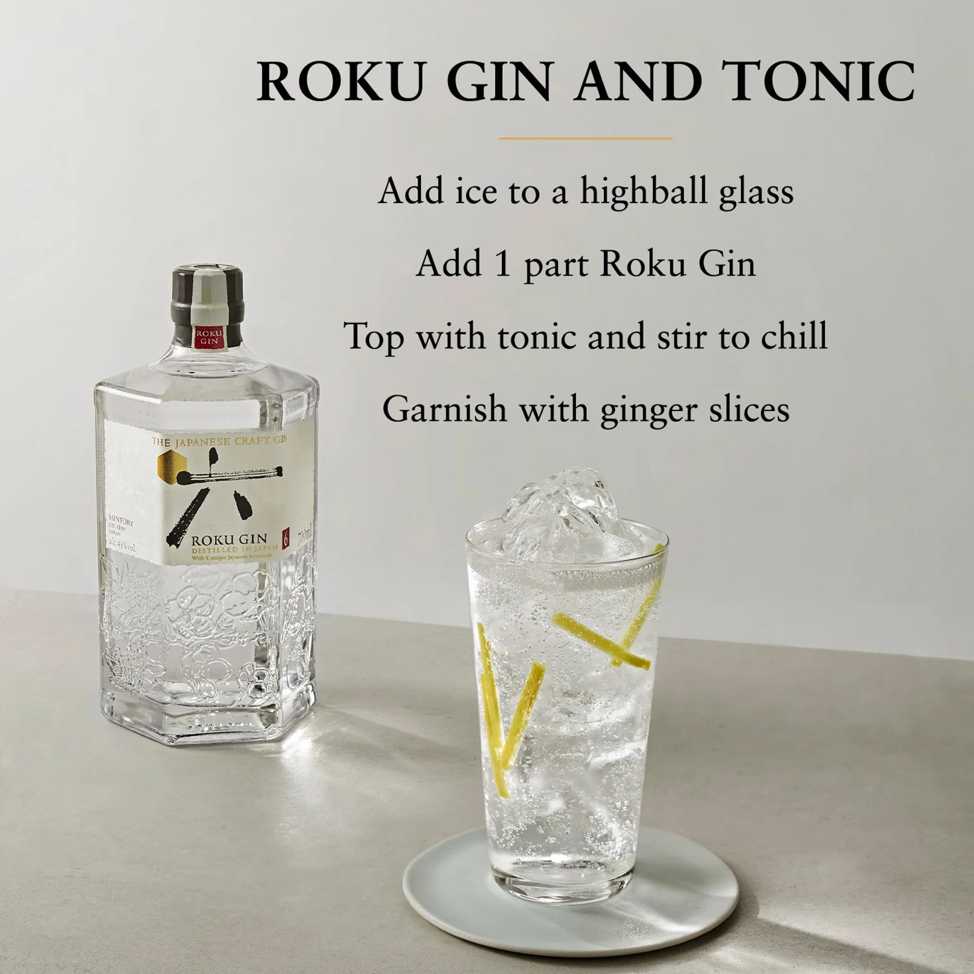 Roku Gin, Gin Artigianale Giapponese, Equilibrato nei Sapori e Multistrato - Composto da 6 Botaniche 43% Vol. - Bottiglia da 700ml