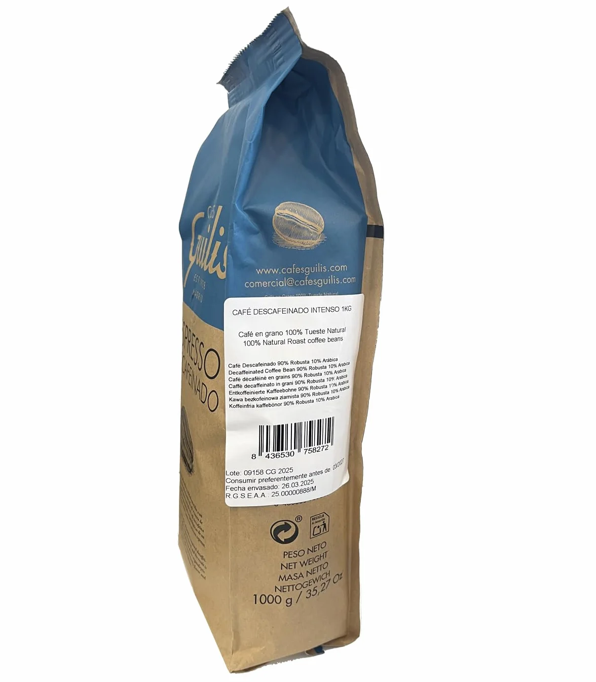 CAFES GUILIS DESDE 1928 AMANTES DEL CAFE Caffè Decaffeinato Intenso in Grani – 1kg – Miscela Naturale 100% – Aroma Ricco e Corposo – Senza Caffeina – Ideale per Espresso e Macchine da Caffè
