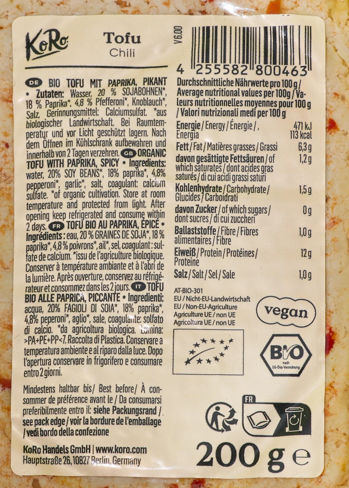 KoRo - Tofu al peperoncino bio 8 x 200 g - Gusto piccante - Fonte proteica vegana - Qualità biologica