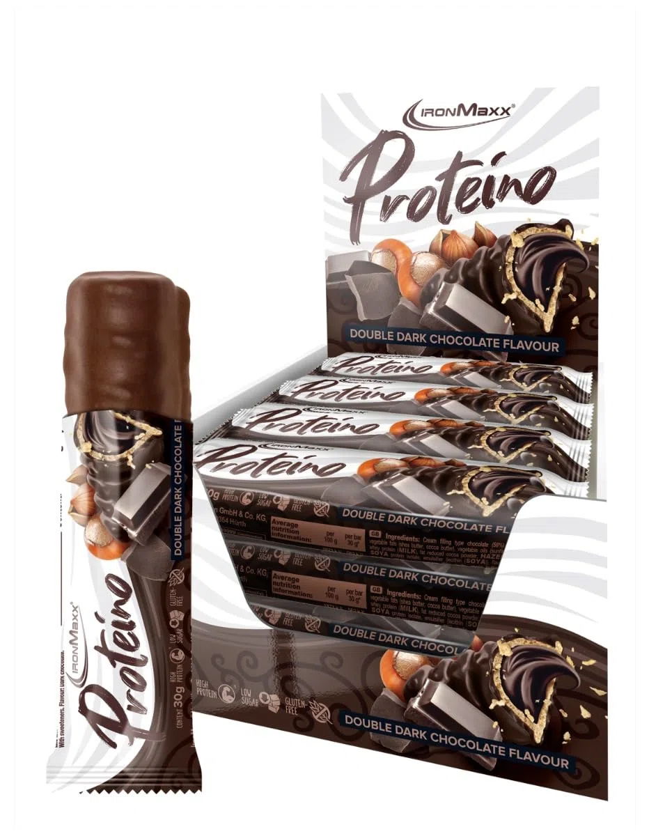 IronMaxx Proteina, barretta proteica a base di cialde con ripieno cremoso, barretta proteica ridotta zucchero, gusto Double Dark Chocolate 30g (confezione da 12)