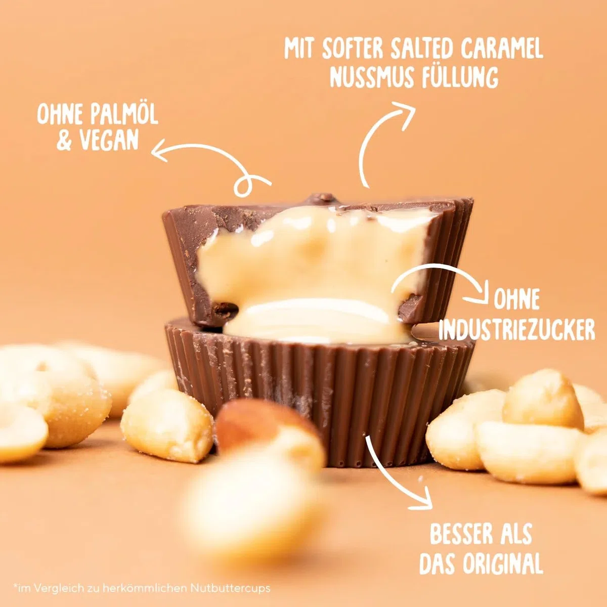 Naughty Nuts BIO Cuppette di Burro di Arachidi, Caramello Salato - Vegana, senza Olio di Palma e con il 44% di Zucchero Raffinato in Meno - 12 x 39 g