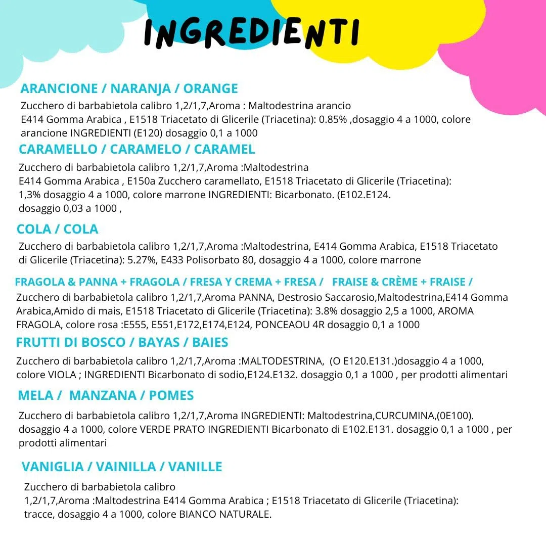 SEMAR | Zucchero per zucchero filato - 4 GUSTI di ZUCCHERO aromatizzato (1conf /100gr cad) + 100 bastoncini OMAGGIO (Fragola/Cola/Frutti di Bosco/Mela Verde)