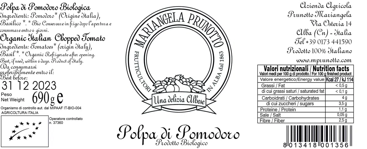 Mariangela Prunotto - Una Delizia Albese - Frutticultori in Alba dal 1863 (MA7JQ) Azienda Agricola - N. 6 Bottiglie Polpa Di Pomodoro Biologica Con Foglia Di Basilico G (6xg), Originale, 690 Grammo