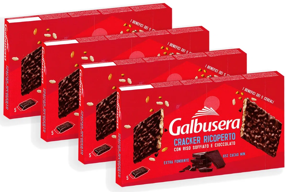 4X Galbusera Cracker ai 5 Cereali Ricoperto con Riso Soffiato e Cioccolato Fondente Extra 150g