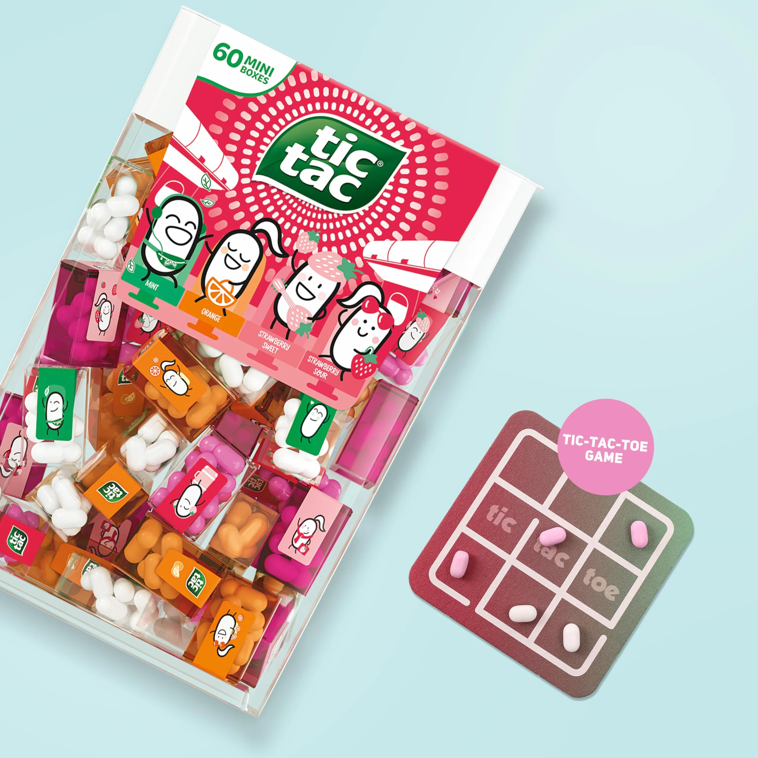 Tic Tac Strawberry Mix Confezione Doppia – 60 Mini Box per Set (4 Gusti) + Gioco Tris – 120 Mini Caramelle per Feste Bambini, Bomboniere, Compleanni e Sorprese Dolci