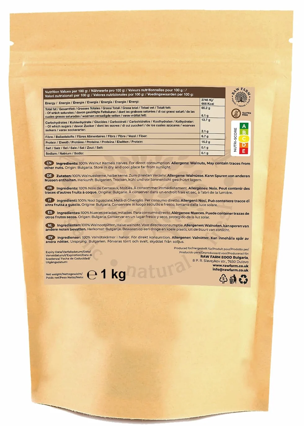 Raw Farm - Noci Sgusciate 1 kg - 100% Naturali e Non Salate, Vegano e Senza Glutine