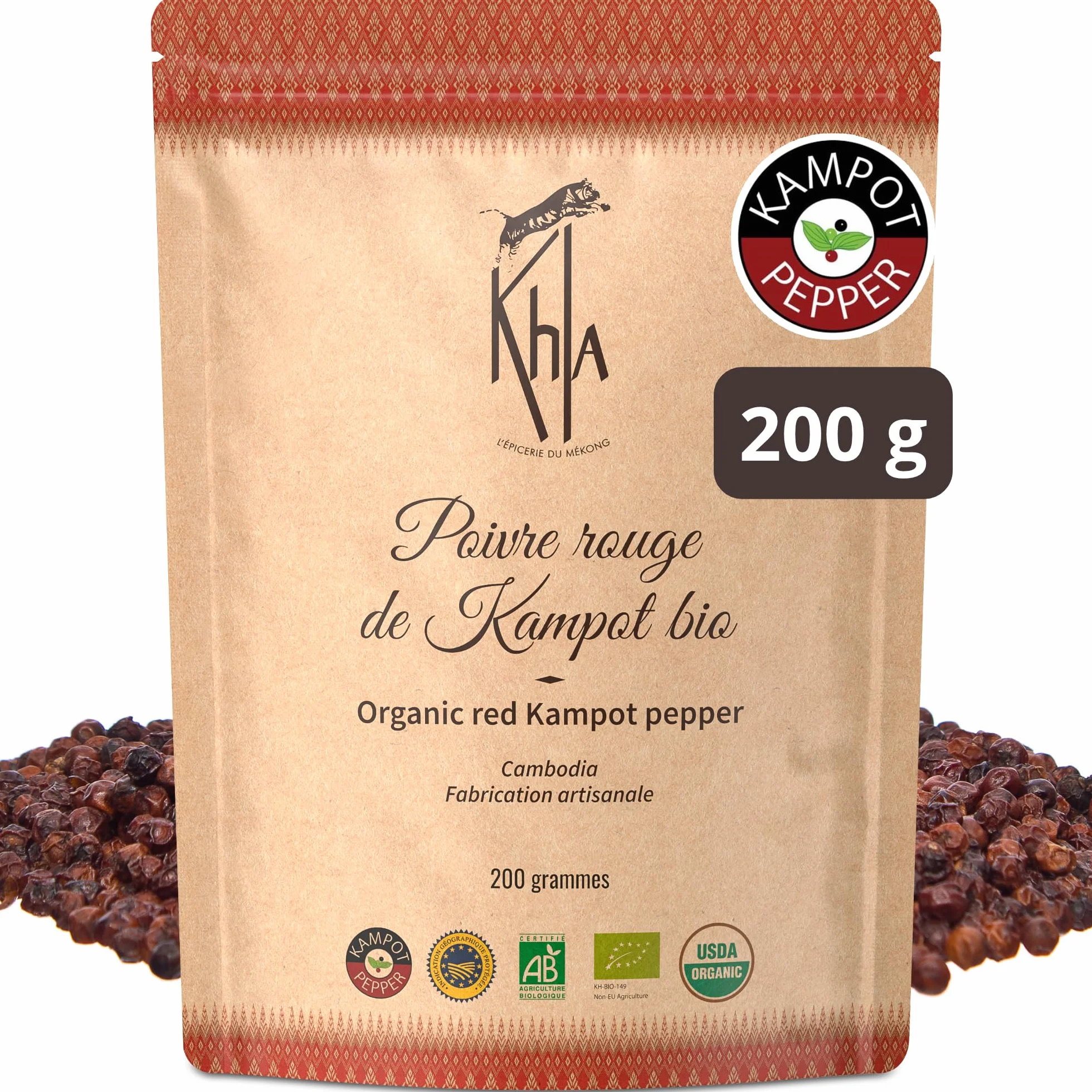 Khla - Pepe Rosso di Kampot Certificato Biologico 200g - Pepe Kampot in Grani Bio - Dolce e Fruttato - Ingrediente Spezie Cucina - Produzione Limitata - Direttamente dal Produttore - Origine Cambogia