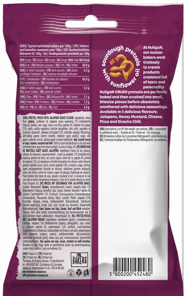 Huligan Jalapeno Pretzels Crush (confezione da 18 x 65 g) – Pretzel al forno sottili snack salati sfusi salutari snack vegetariani scatola Jalepenos patatine multipack (confezione da 18)
