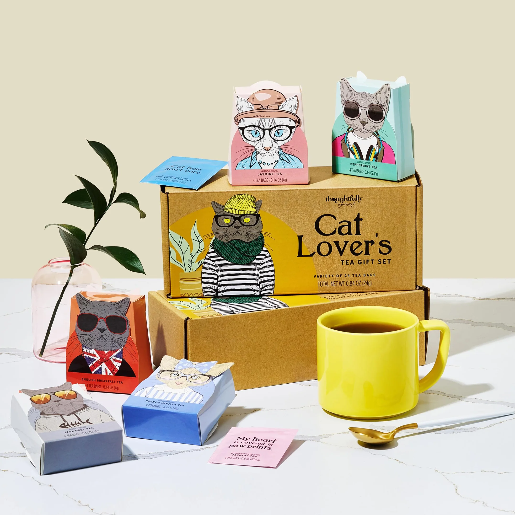 Thoughtfully Gourmet, set regalo per amanti dei gatti, include 24 tè in 6 gusti con elegante arte del gatto e citazioni divertenti per gatti mamme e papà gatto, set da 24