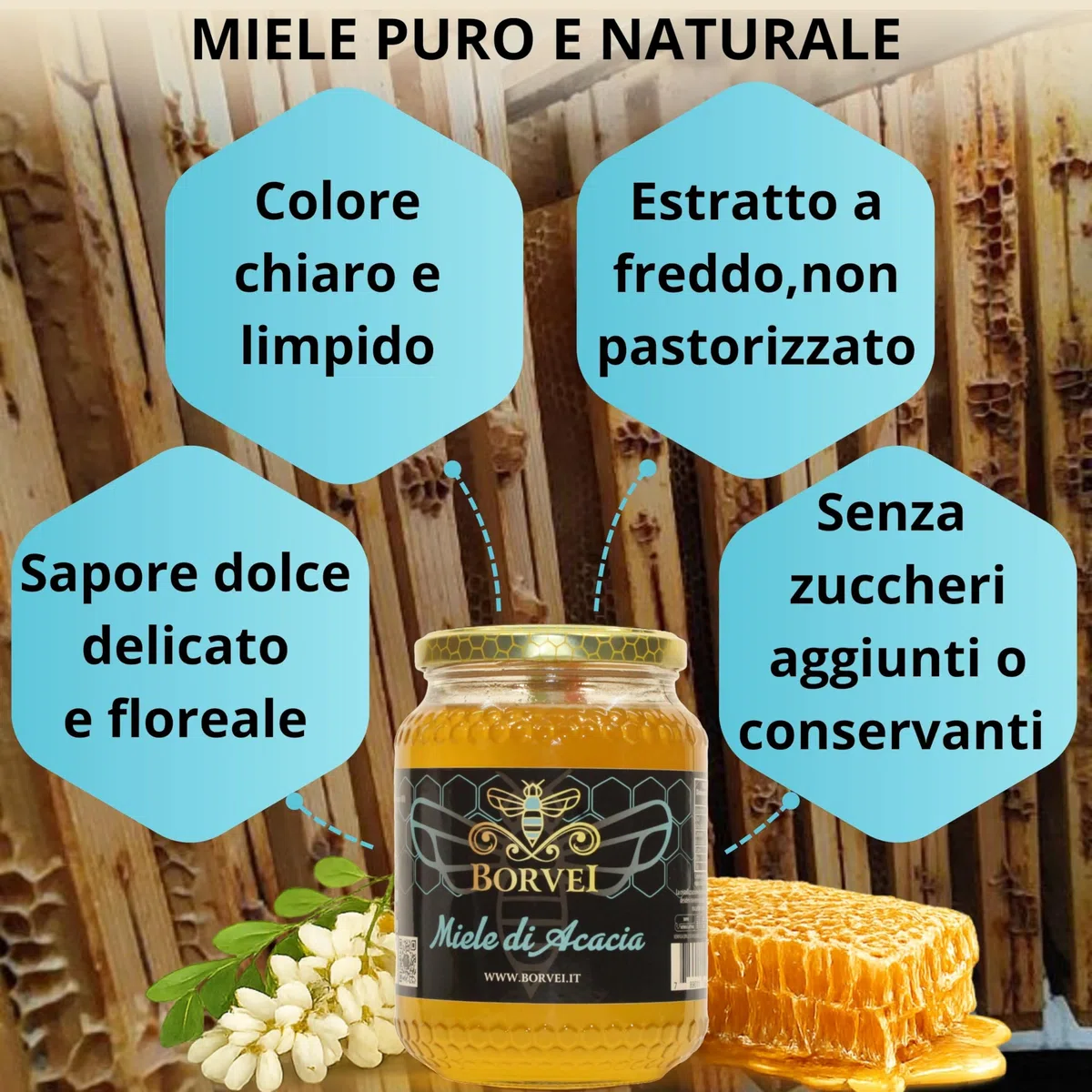 Miele di Acacia Italiano 1kg da Apicoltore Diretto BORVEI | Grezzo, Non Pastorizzato e Naturale | Estratto a Freddo | Artigianale | Senza Miscele UE