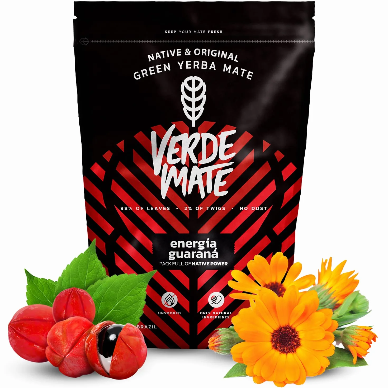 Verde Mate Green Energia Guarana 500 g, Tè Yerba Mate dal Brasile, Yerba Mate alla Frutta, Vegano, Senza Glutine