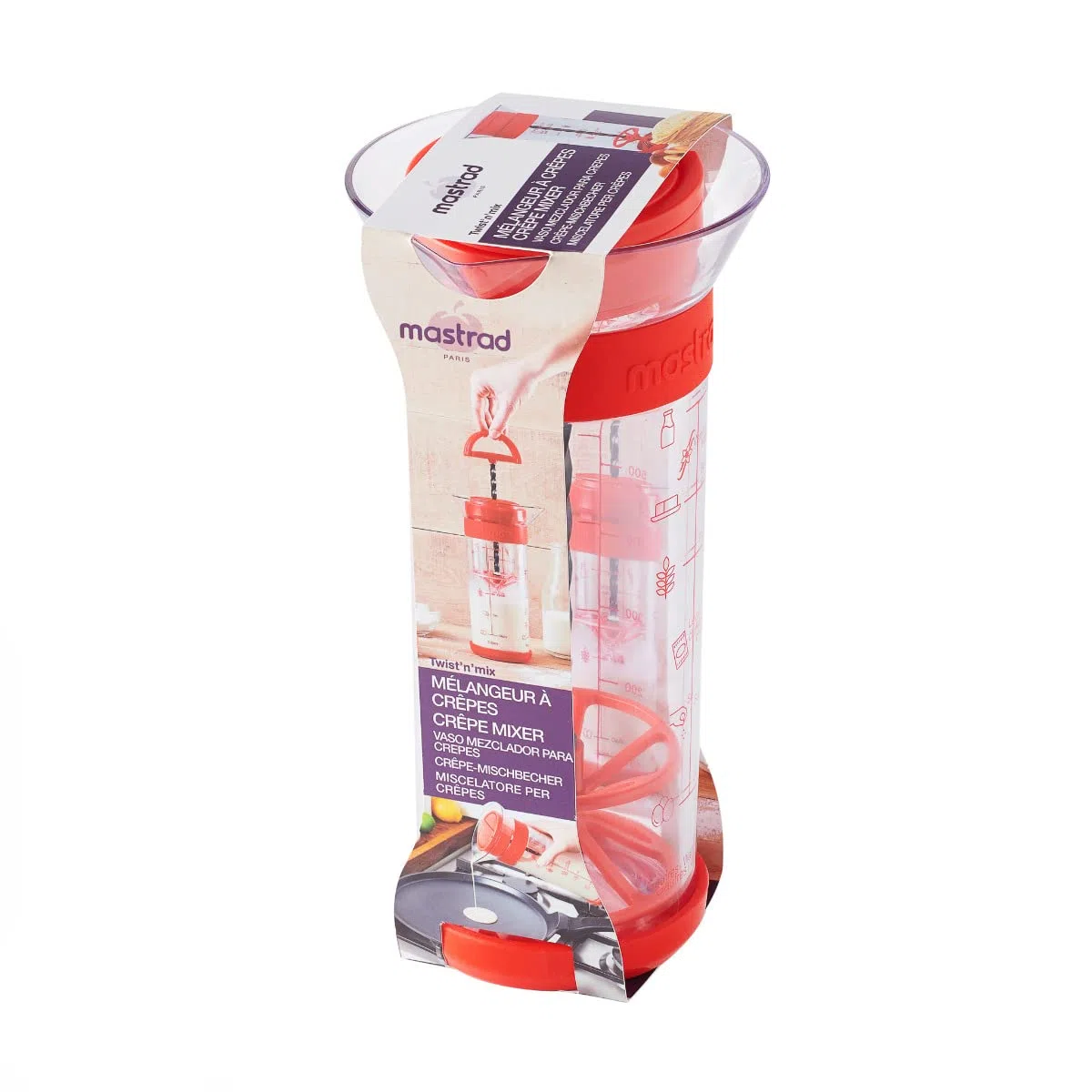 MASTRAD - Twist'n'Mix - Miscelatore per impasti liquidi (frittelle, cialde, pancakes) senza nessun altro materiale - Metodo garantito senza grumi - Facile da usare - 700 ml - Rosso - F38610