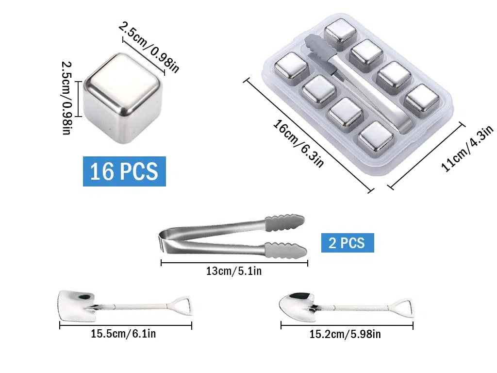 Anlising 16 cubetti di ghiaccio in acciaio inox, riutilizzabili, pietre per whisky, pietre per vino riutilizzabili, pietre per whisky in acciaio inox, per bevande raffreddate, whisky, birra, per feste