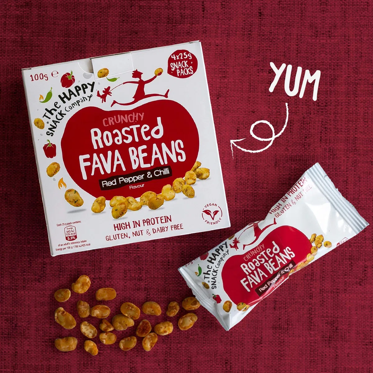 The Happy Snack Company Fave arrostite, pepe rosso e peperoncino Sapore spuntino sani, ad alto contenuto proteico, senza glutine, vegani, 105 calorie, 25 g, confezione da 20
