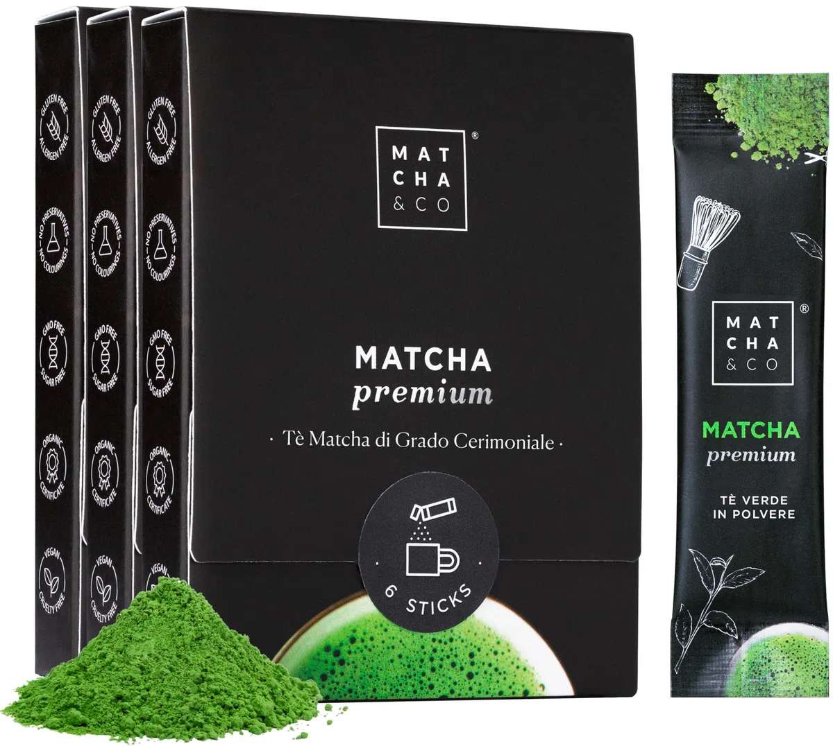 Matcha Premium Sticks to Go x 18, 18 monodosi di tè Matcha, grado premium cerimoniale, in polvere biologica dal Giappone, 100% naturale, tè verde, 18 g