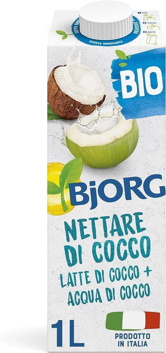 BJORG Bevanda Nettare di Cocco Biologica, Acqua di Cocco e Latte di Cocco, Bevanda Vegetale Senza Zuccheri Aggiunti, Senza Glutine, Vegan, Prodotto in Italia, 1L (Confezione da 9)